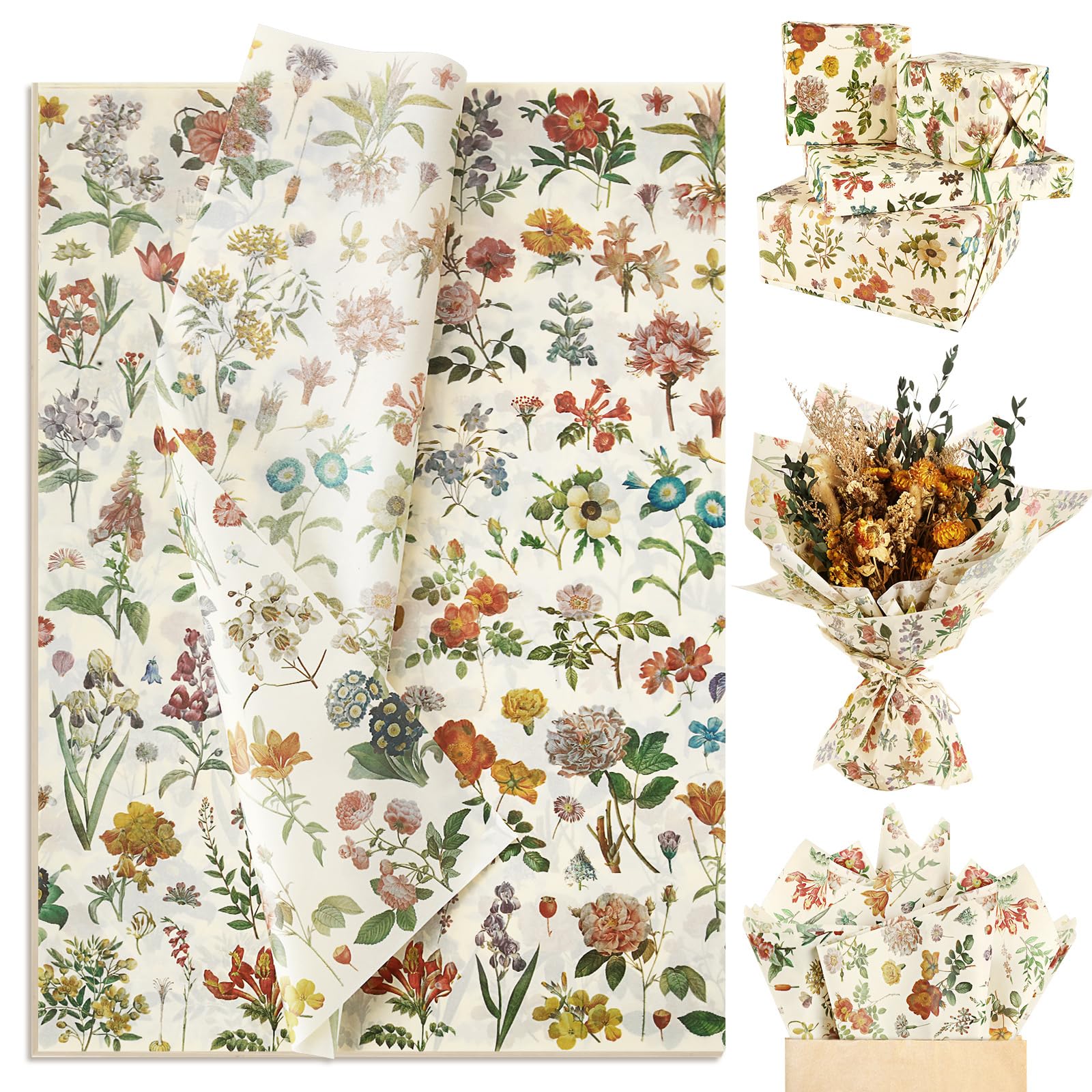 SUMMORO 100 Sheets Floral Tissue Paper Vintage Wildflowers Tissue Paper for Gift Bags Watercolor Floral Printed Gift Wrapping Papers for Wedding