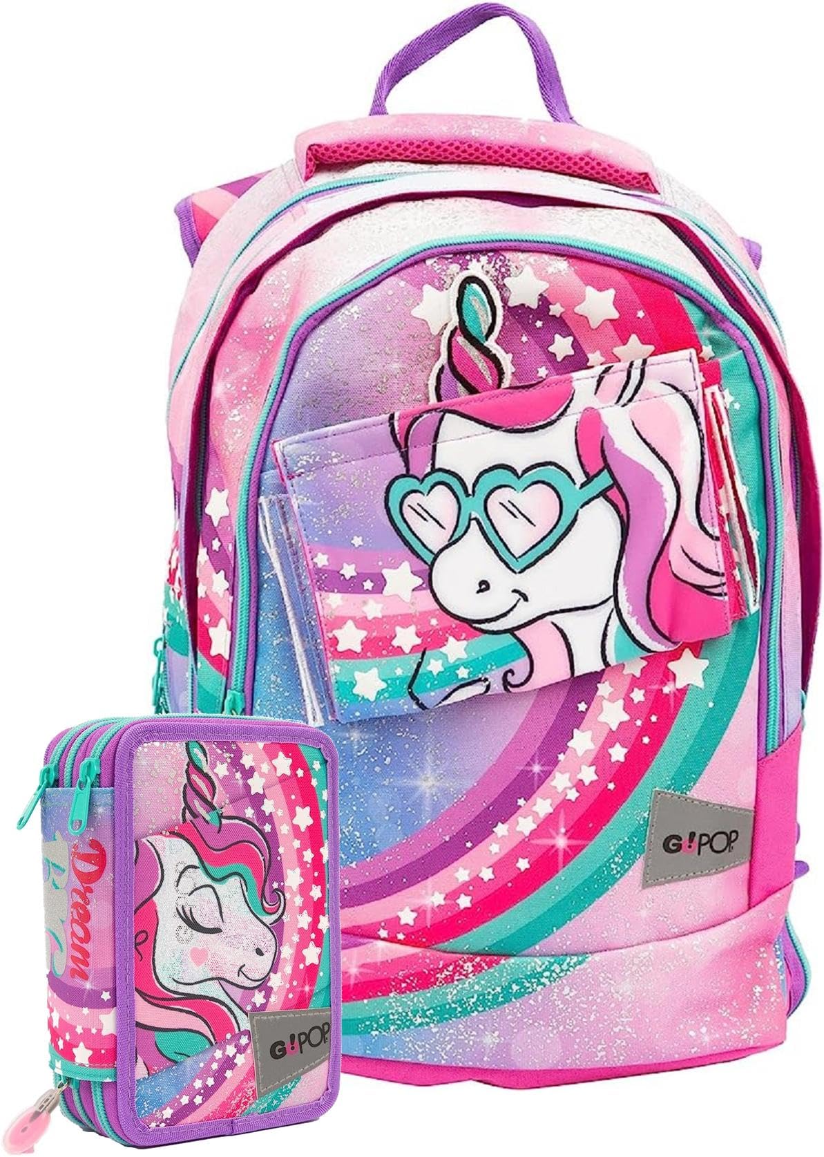 Gopop Schoolpack Zaino Miss Unicorno Estensibile a 3 Zip + Astuccio Triplo Completo