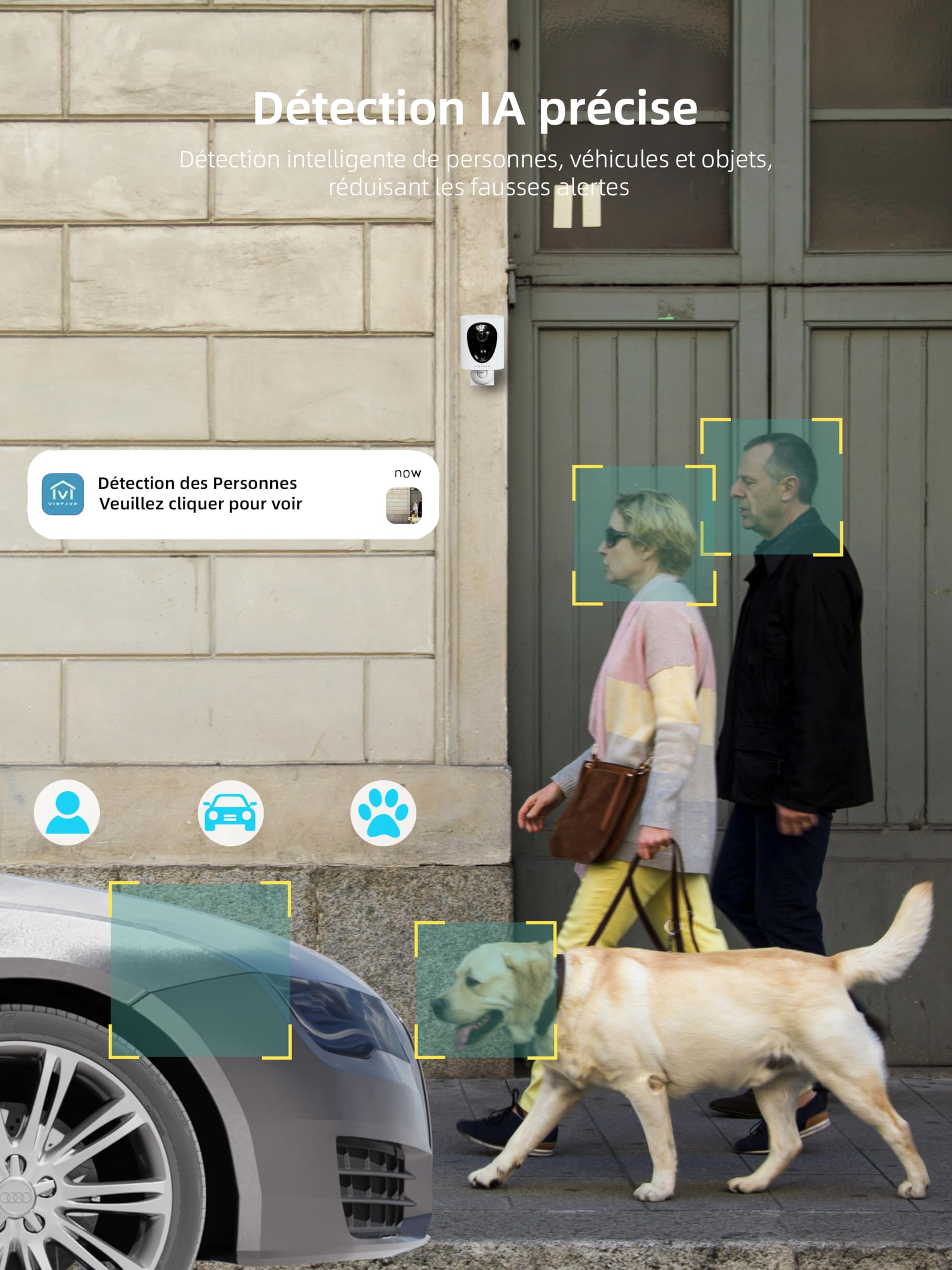 VIRTAVO Caméra Surveillance WiFi Extérieure sans Fil, 2K Caméra Extérieure, Batterie Rechargeable, Détecteur de Mouvement PIR, Alarme Maison, Vision Nocturne Couleur, Carte SD/Cloud | Détection PIR, audio bidirectionnel, Wi-Fi 2,4 GHz, sans abonnement, ut