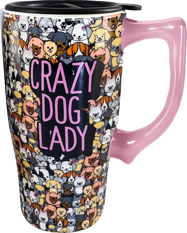 Spoontiques Ceramic Travel Mug Coffee Cup, 18 Oz, Crazy Dog Lady by Spoontiques - Used condition - US$18.99