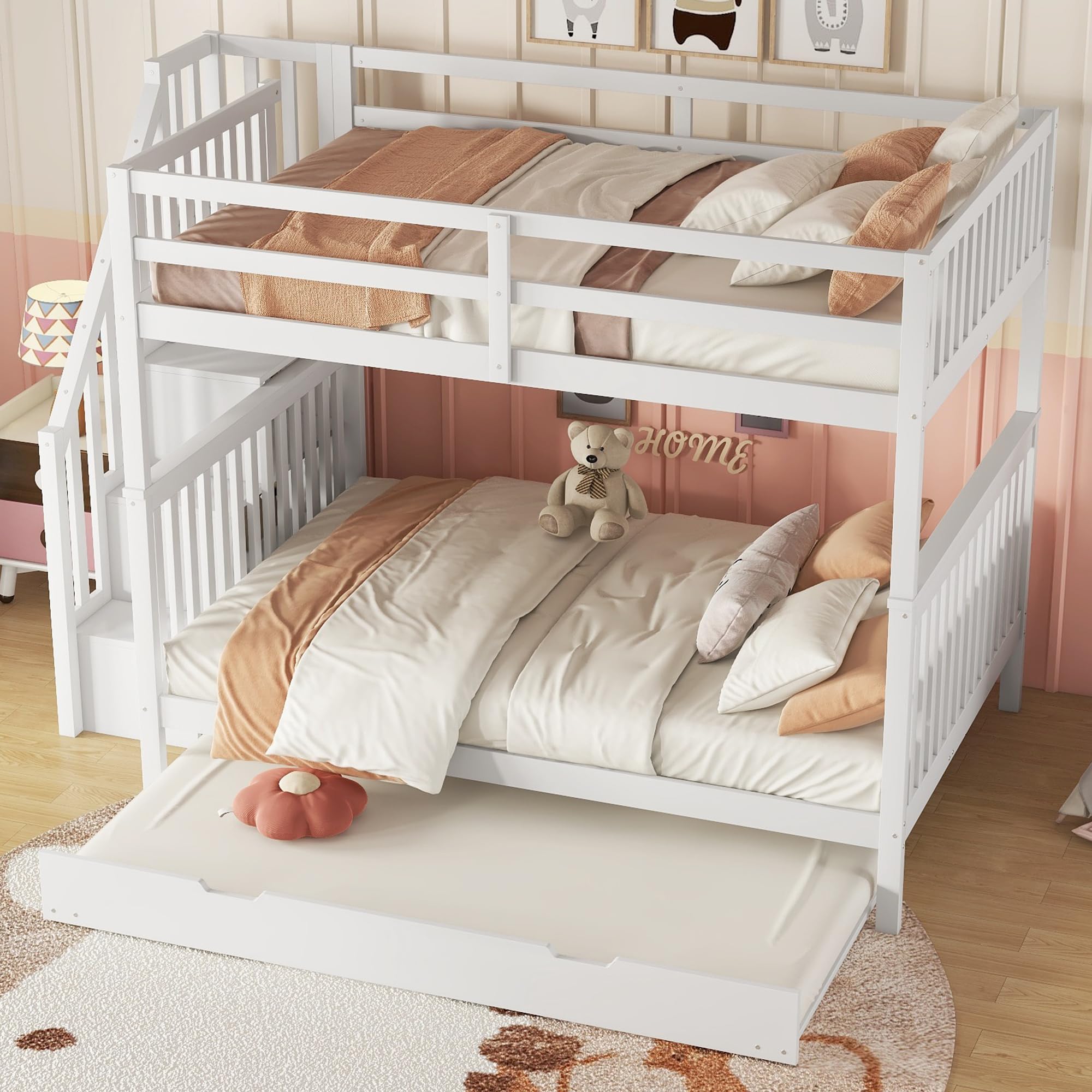 Oyemige Letto a Castello Contenitore, Letto matrimoniale 140x200 cm, Letto per Bambini con Rete a Doghe, Telaio in Legno Massiccio, con scale di contenimento e estraibile, Bianco Senza Materasso