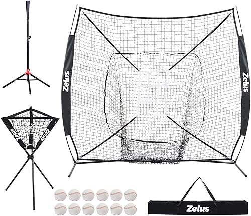 ZELUS Red de béisbol y camiseta, red de béisbol de 5 x 5 pies7 x 7 pies para golpear y lanzar, red de práctica de bateo portátil para interiores y