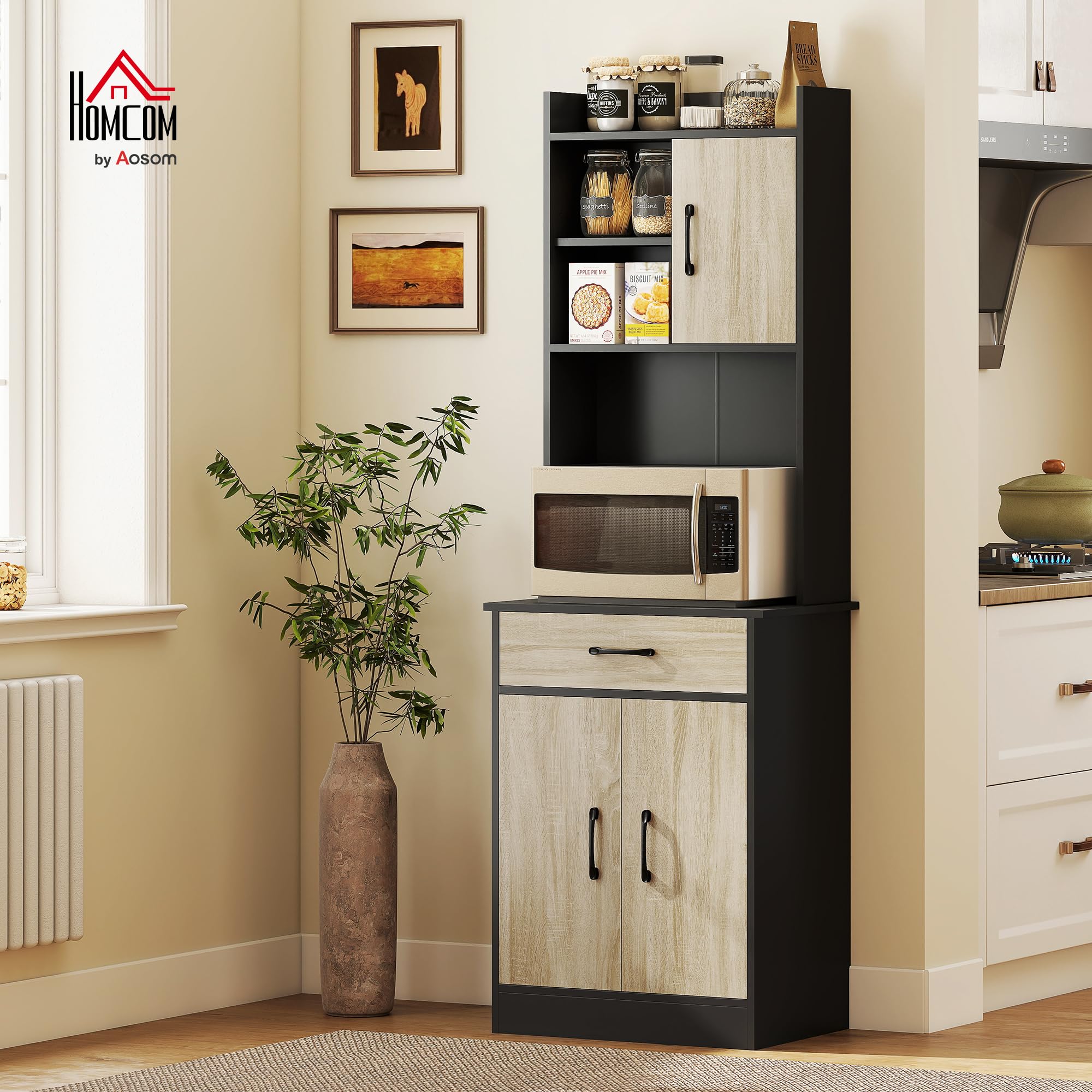 HOMCOM Buffet Haut Cuisine avec Tiroir 60x40x180 cm Effet Bois Naturel | Armoire de Cuisine, Vaisselier 3 Portes, Étagères Ouvertes, Plan de Travail, Meuble de Rangement, Salon, Salle à Manger