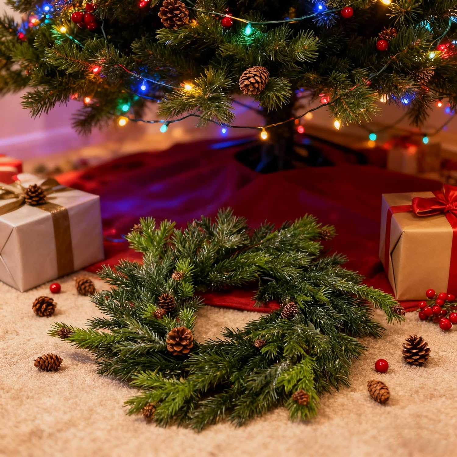 2pcs Norfolk Pine & Cryptomeria Wreath16inch - Artificial Cypress Candle Ring, Real Touch, Indoor & Outdoor Christmas Decor, Winter Wreaths for Holiday - Image 8