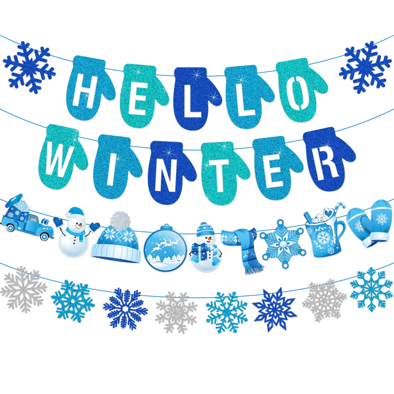 No-DIY Blue Glitter Hello Winter Banner, Winter Party Decorations for Office, Snowflake Banner for Home Office Winte r Wonderland Party Decorations