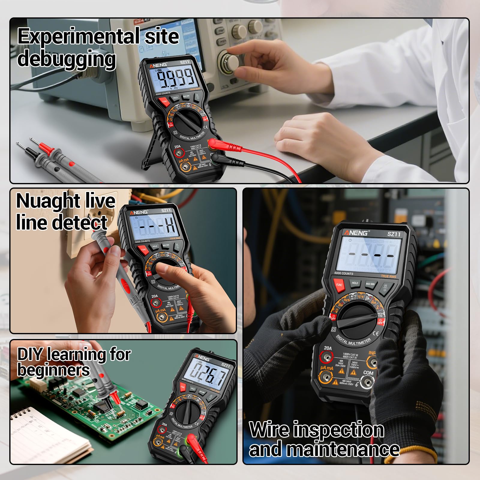 ANENG Multimetr,Cyfrowy Tester 6000 Zliczeń,Woltomierz Maks./Min.,Mierzy Napięcie AC/DC,Prąd,Rezystancję,Pojemność,NCV,Zatrzymuje Dane,Nadaje Się do Zastosowań Motoryzacyjnych