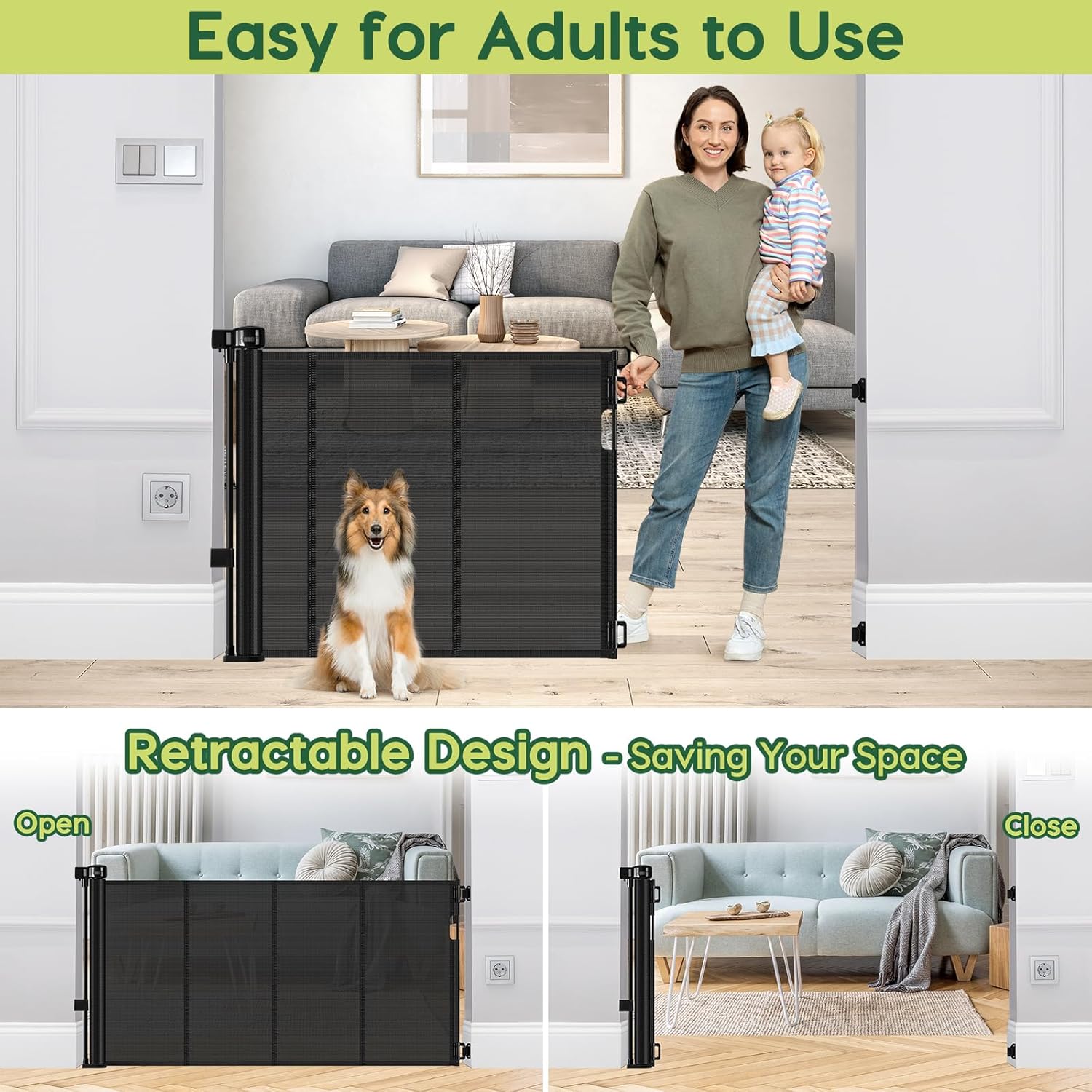 Reinforced 55 Wide Retractable Baby Gates with Reinforced Strips, Indoor/Outdoor Retractable Dog Gate for Doorway Prevent Bottom Drilling Through, No Bottom Bar Safety Mesh Baby Gate for Stair, Black