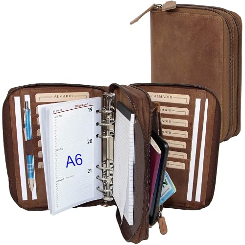 ALMADIH Leather A6 Organizer with 2 compartments Double Zipper Rings Calendar 2024 Writing Pad Premium Cow Leather brown vintage Personal Planner Conference Folder System Ring Binder Portfolio