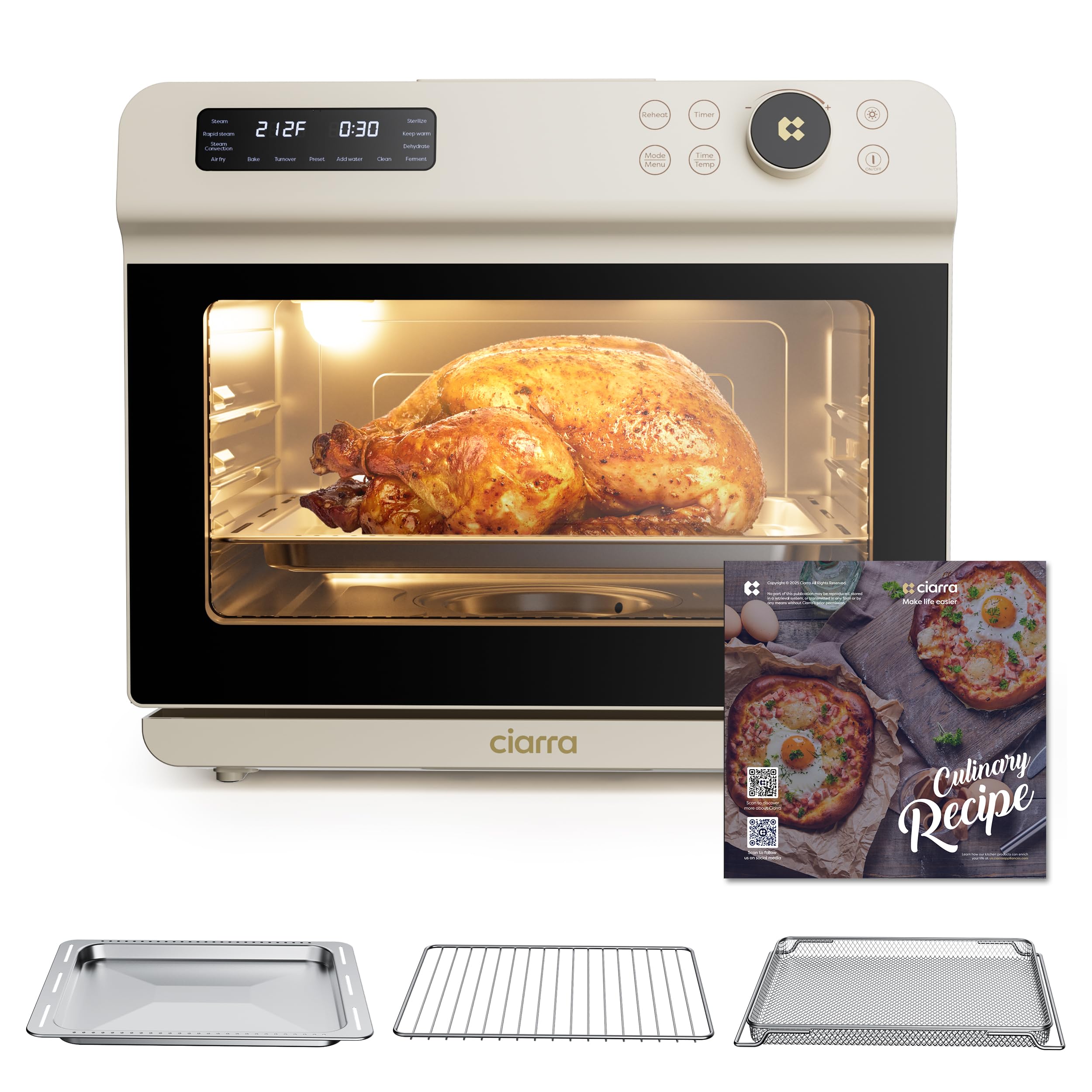 CIARRA 12-in-1 Countertop Steam Oven with Air Fryer, 24L Steam Air Fryer Combo Nosh Oven Pro - Convection Toaster, Bake, Self-Clean, Dehydrate, Ferment, White