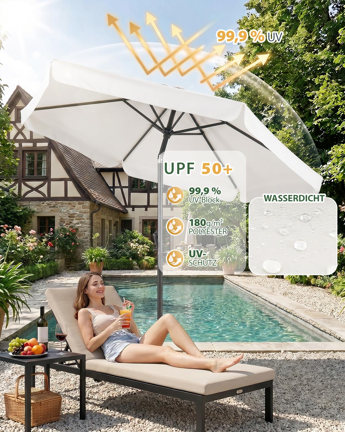 Sekey Parasol de 200 cm avec fonction manivelle et pliage, parasol de balcon, avec protection UV 50+, parasol pour balcon, terrasse, jardin