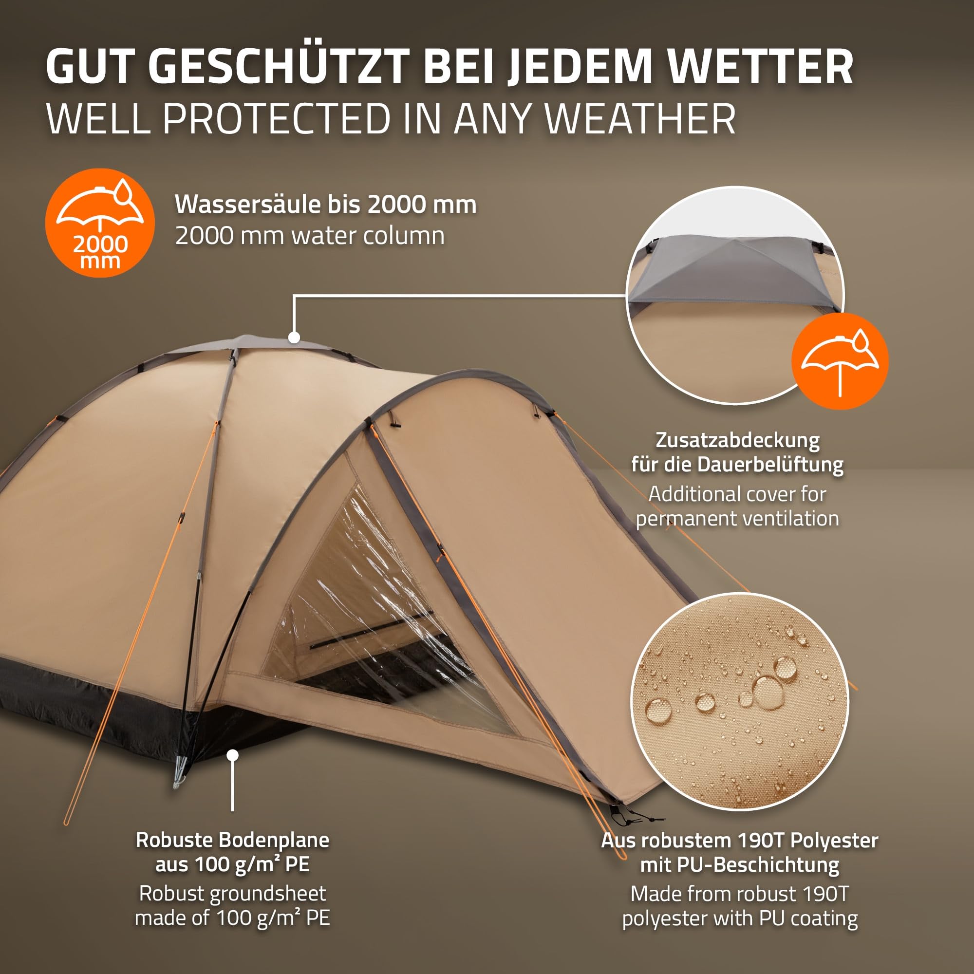 Campingzelt für 2-3 Personen 210x180x120 cm Beige-Grau Kuppelzelt Iglu-Zelt mit verschließbarem Vorraum