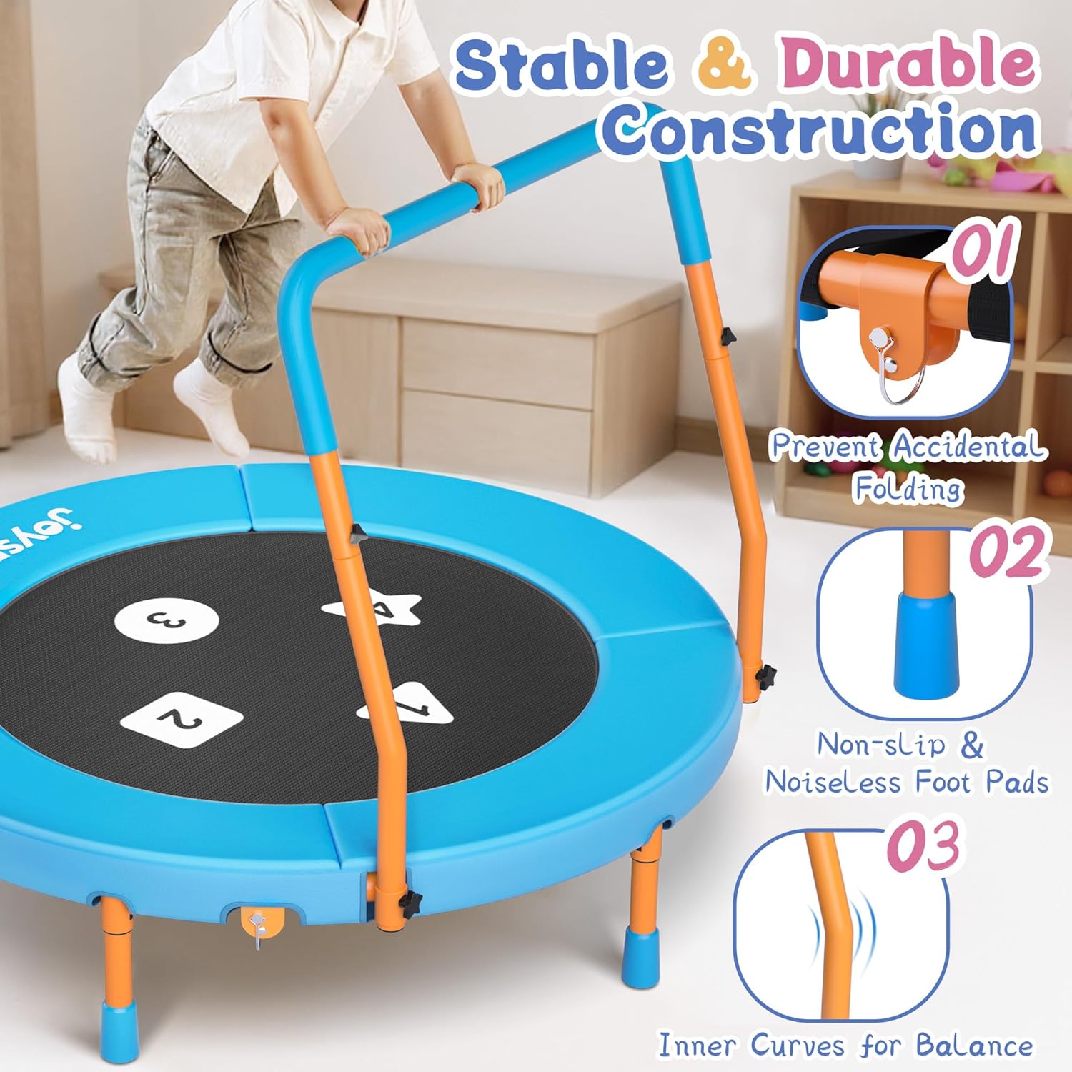 3ft toddler trampoline with adjustable handlebar, 36" foldable & spring-free, mini kids indoor outdoor trampoline for ages 1-6, noiseless jumping mat, safe & sturdy design, supports up to 100 lbs blue