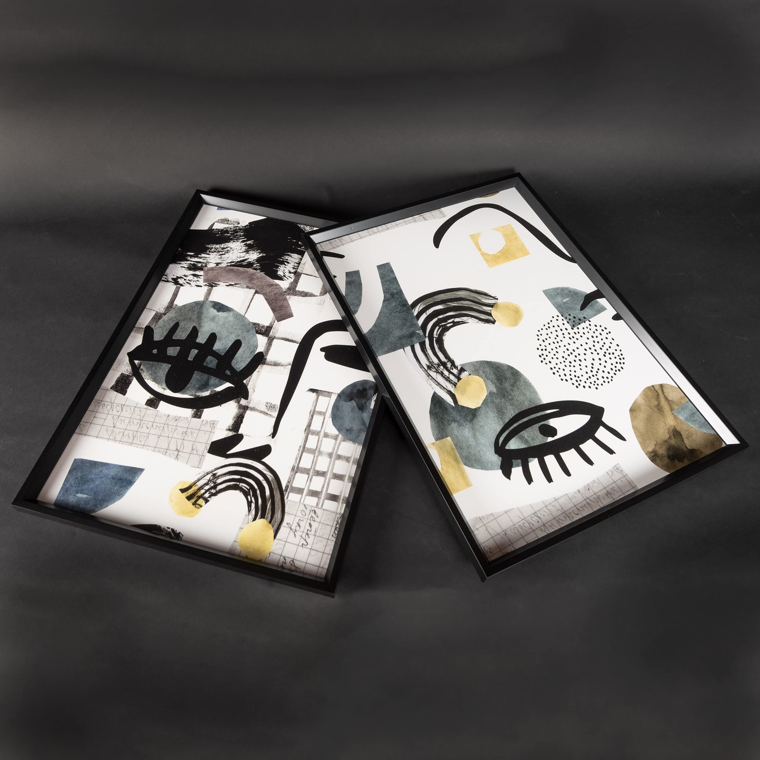 DekoArte Set de 2 cuadros con marco negro impresión estilo arte abstracto picasso en tonos blancos, negros, azules, listos para colgar