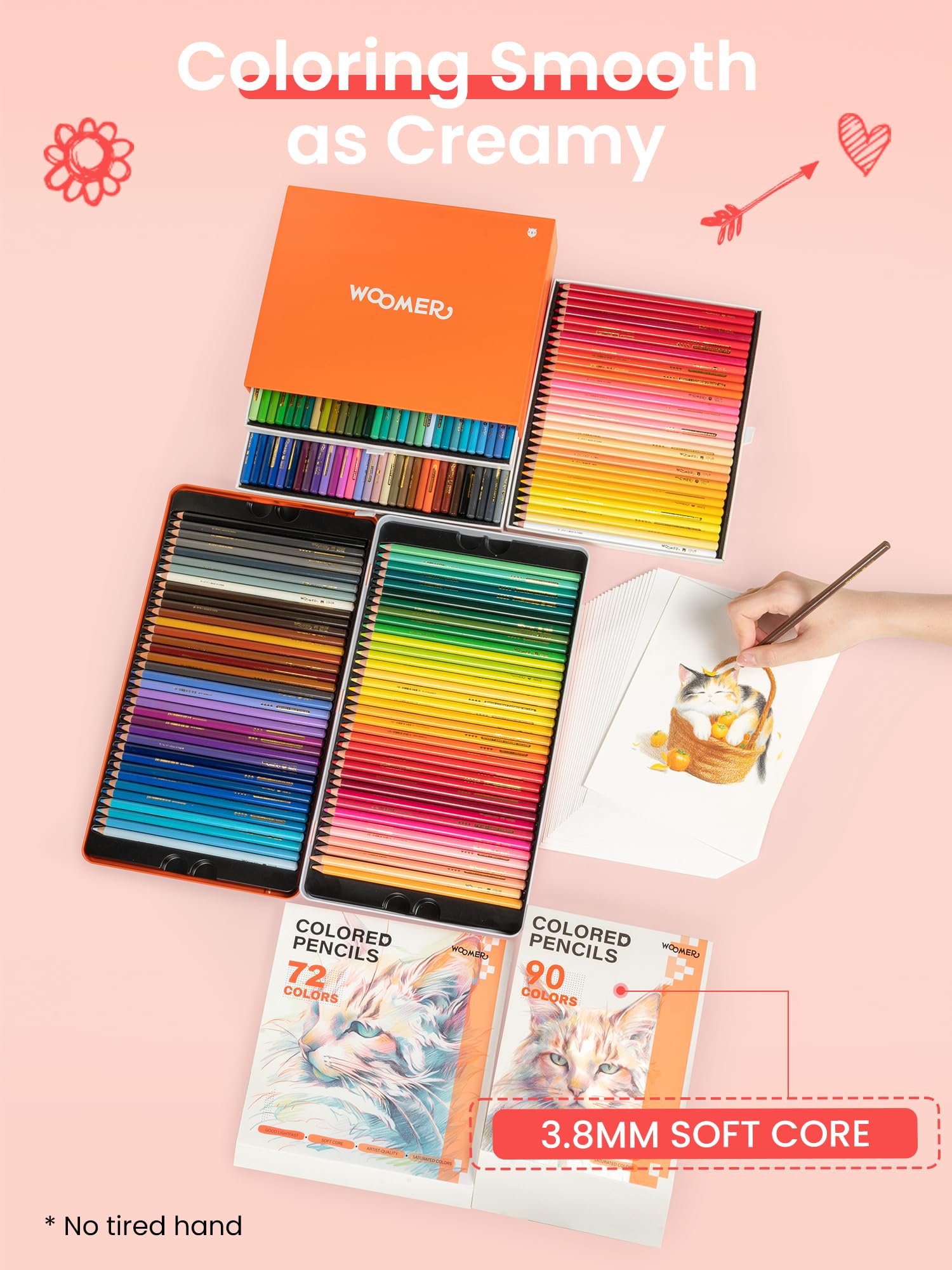 Woomer Crayons de couleur de qualité supérieure pour artistes – 133 couleurs (162 crayons) avec 20 papiers résistants à l'usure, noyau doux et crémeux de 3,8 mm pour galeries d'art, studios et mélange