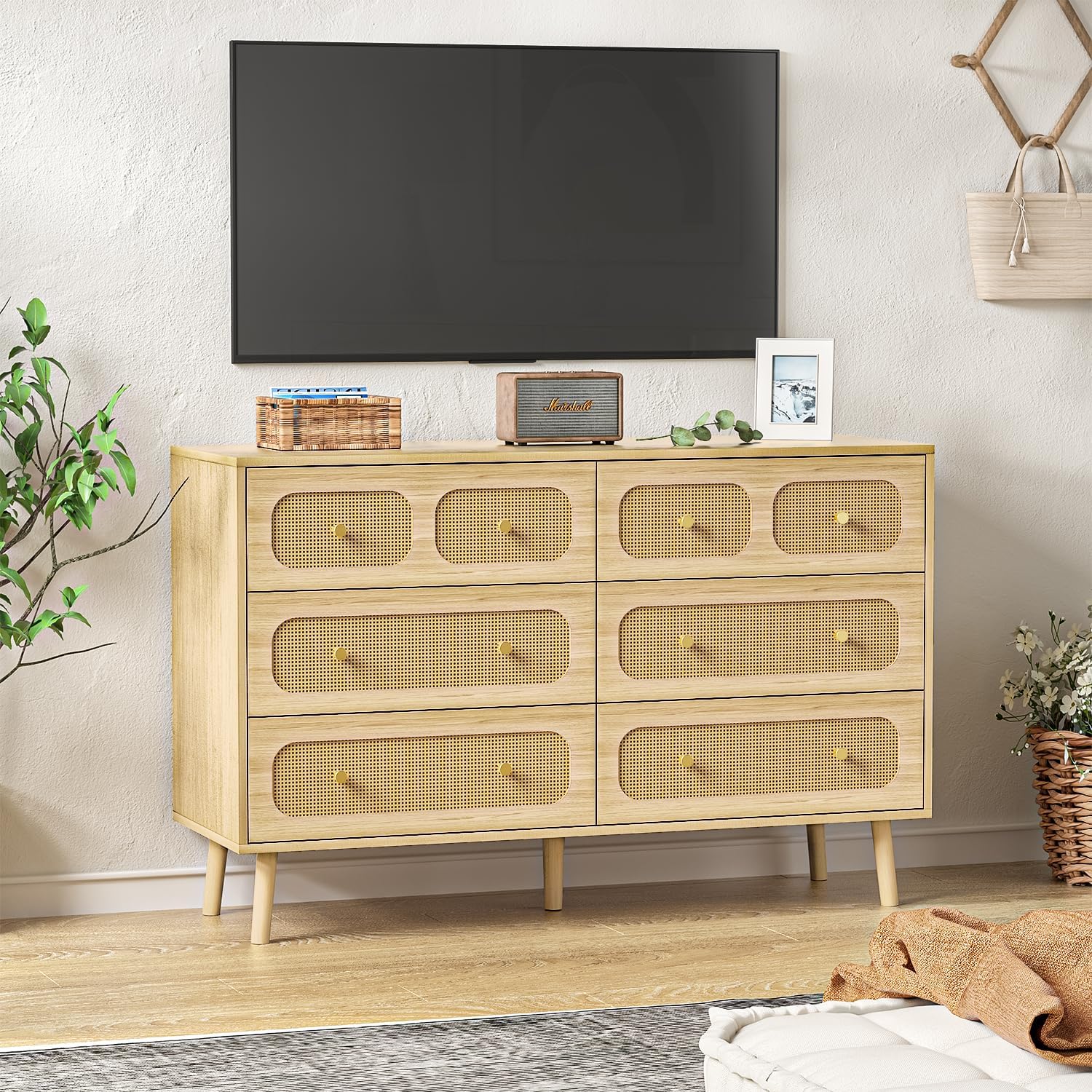 Rattan Dresser for Bedroom, Boho 6 Drawer Double Dresser with Gold Handles, Natural Wood Storage Dressers & Chest of Drawers, 6 Drawer Dressers