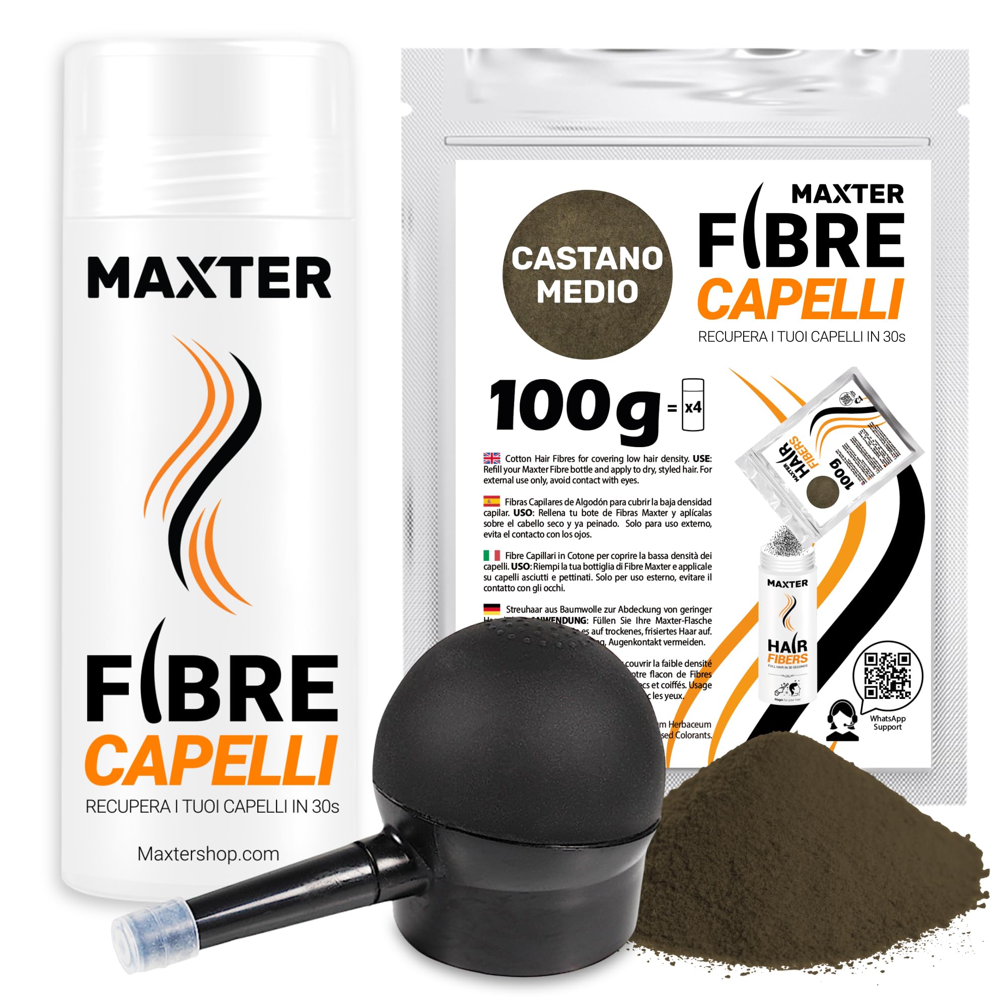 Maxter Fibre Capelli CASTANO MEDIO + Spray Applicatore + Borsa di Ricarica 100g - Polvere Volumizzante Capelli per Nascondere la Caduta dei Capelli e la Calvizie - Fibre Cotone per Capelli