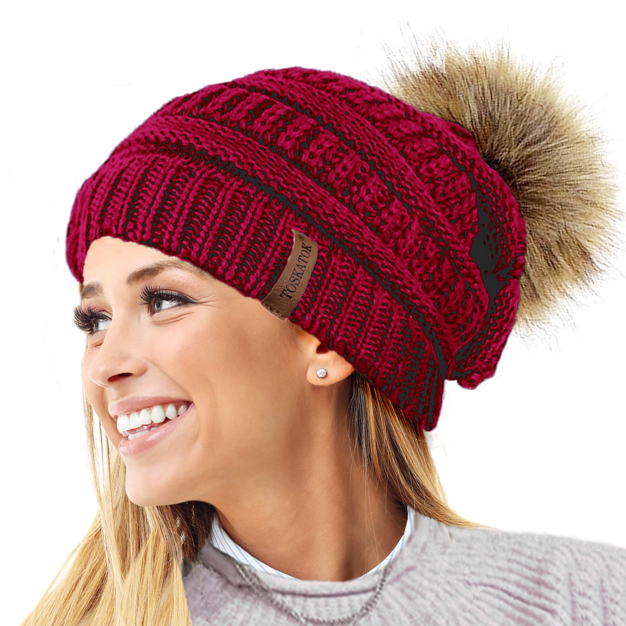 Toskatok Women's A-Red 2 Pompoms Toskatok® Textured Knit Beanie Hat With Detachable Faux Fur Pom Pom - Buy With 1 2 Pom Poms…