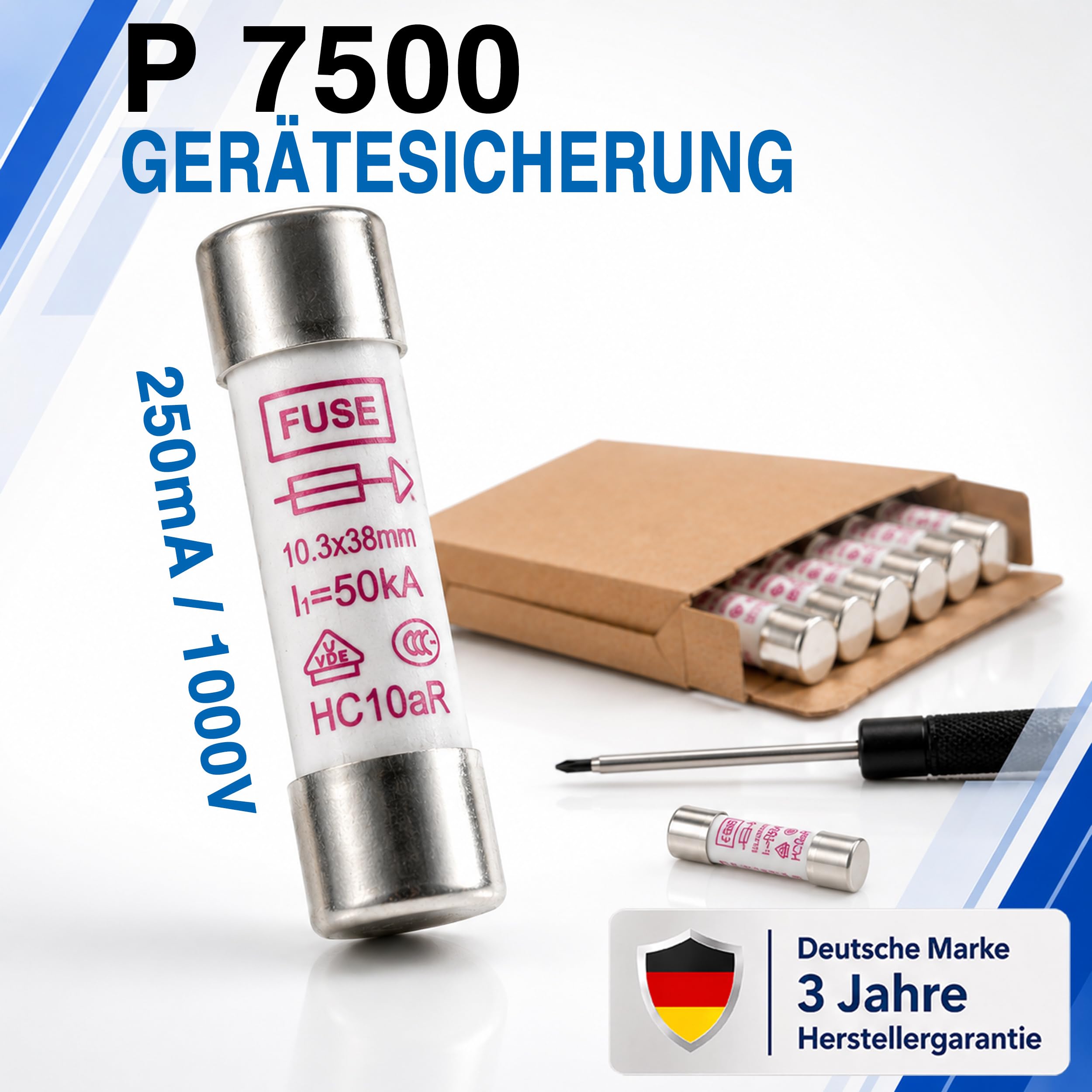 PeakTech, Fusible miniatura cerámico Set 250 mA / 1000 V, 10,3 x 38 mm, audio y alta fidelidad, 10 piezas, P 7500