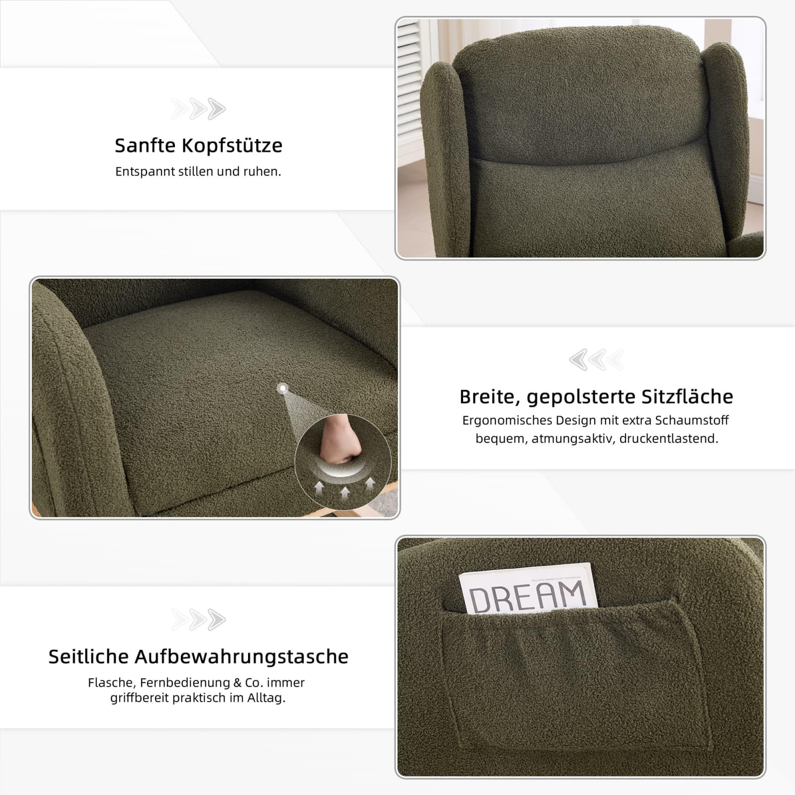 KOMHTOM Fauteuil à Bascule avec Repose-Pieds Escamotable, Rocking Chair avec Structure en Bois, Fauteuil Lounge, Poche de Rangement Latérale (Vert)
