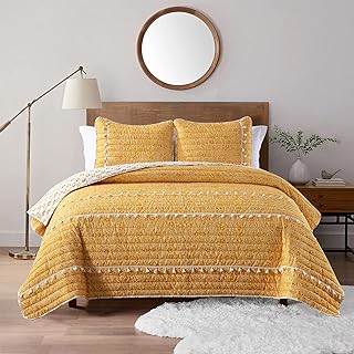 HORIMOTE HOME Boho Style Yellow Queen Quilt Set with Tassle, Soft and Li...
