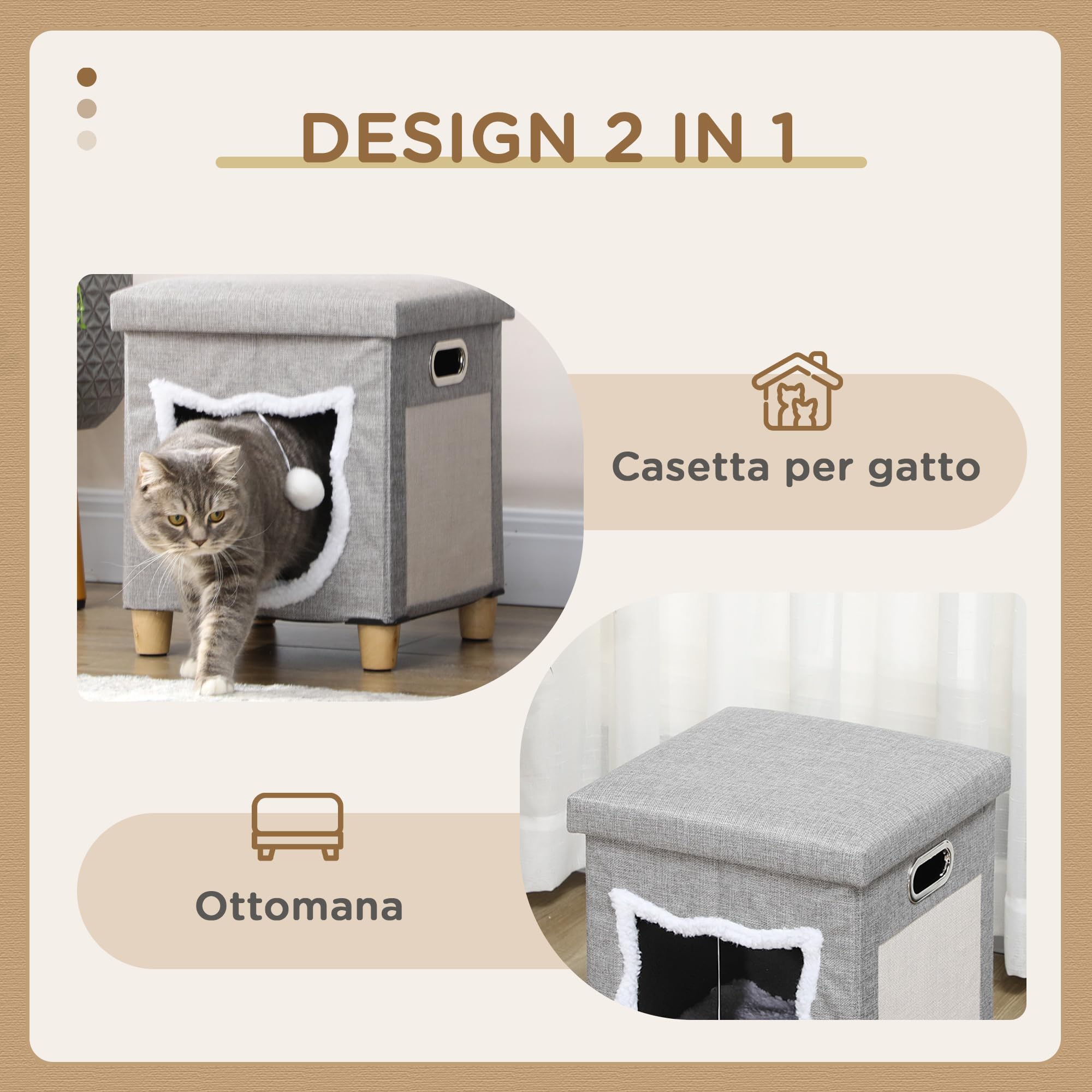 PawHut Casetta per Gatti con Tappetino Tiragraffi, Cuscino Lavabile e Pallina Giocattolo, Cuccia Gatti in MDF, Tessuto Effetto Lino, Peluche e Sisal, 35.5x35.5x42.5 cm, Crema e Grigio