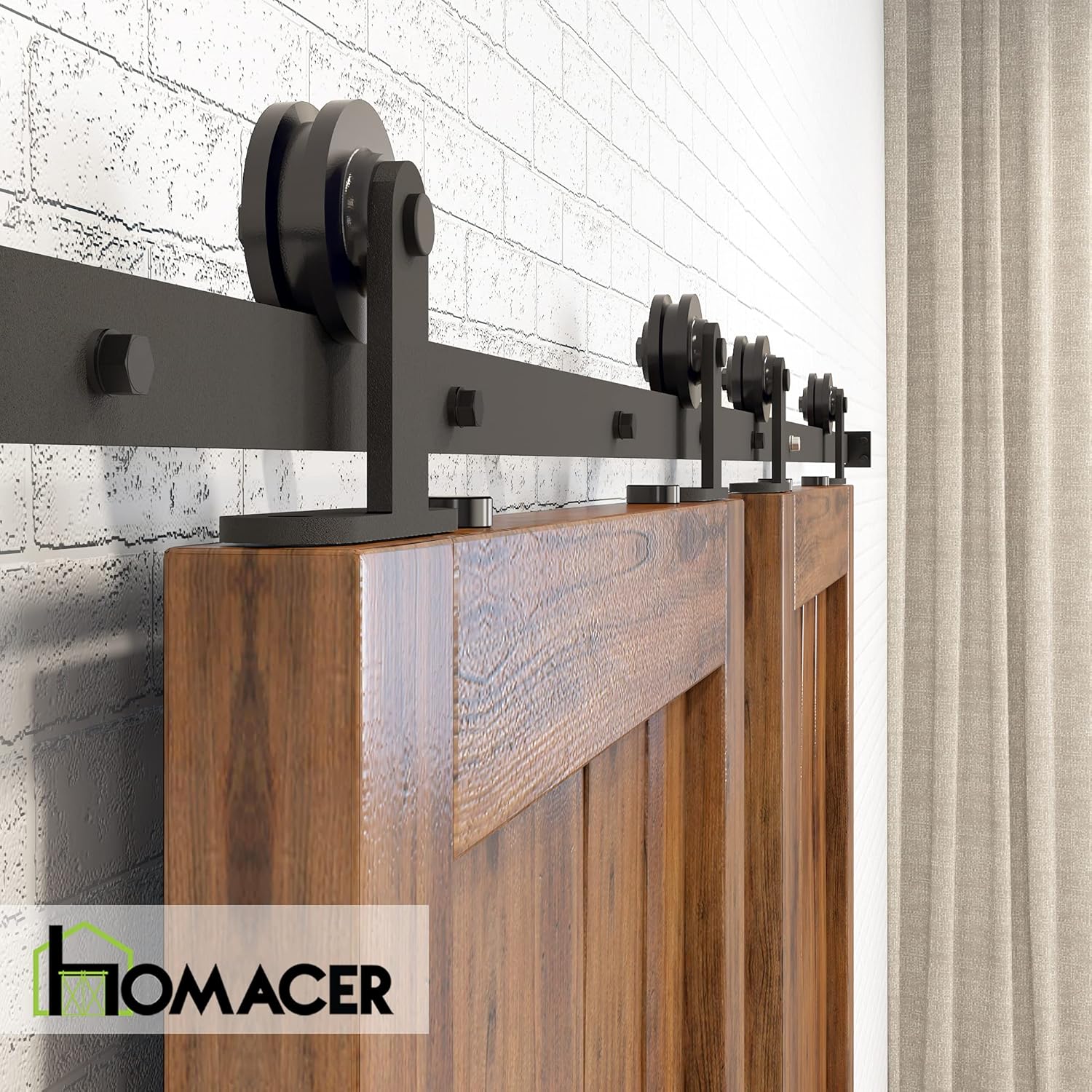 Homacer Black Rustic Non-Bypass Sliding Barn Door Hardware Kit, for Two/Double Doors, 7.5ft Long Flat Track,T-Shape Design Roller, Heavy Duty, for Interior & Exterior Use