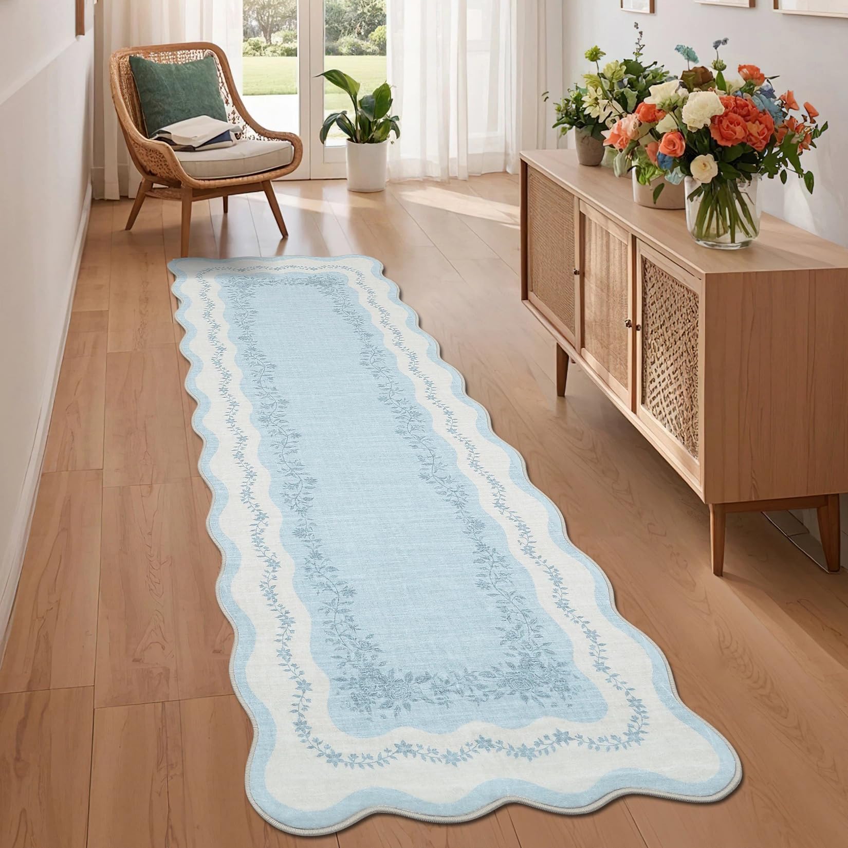 FairyStyle Scalloped Hallway Runner 60x180cm Non Slip Washable Blue โ image 1