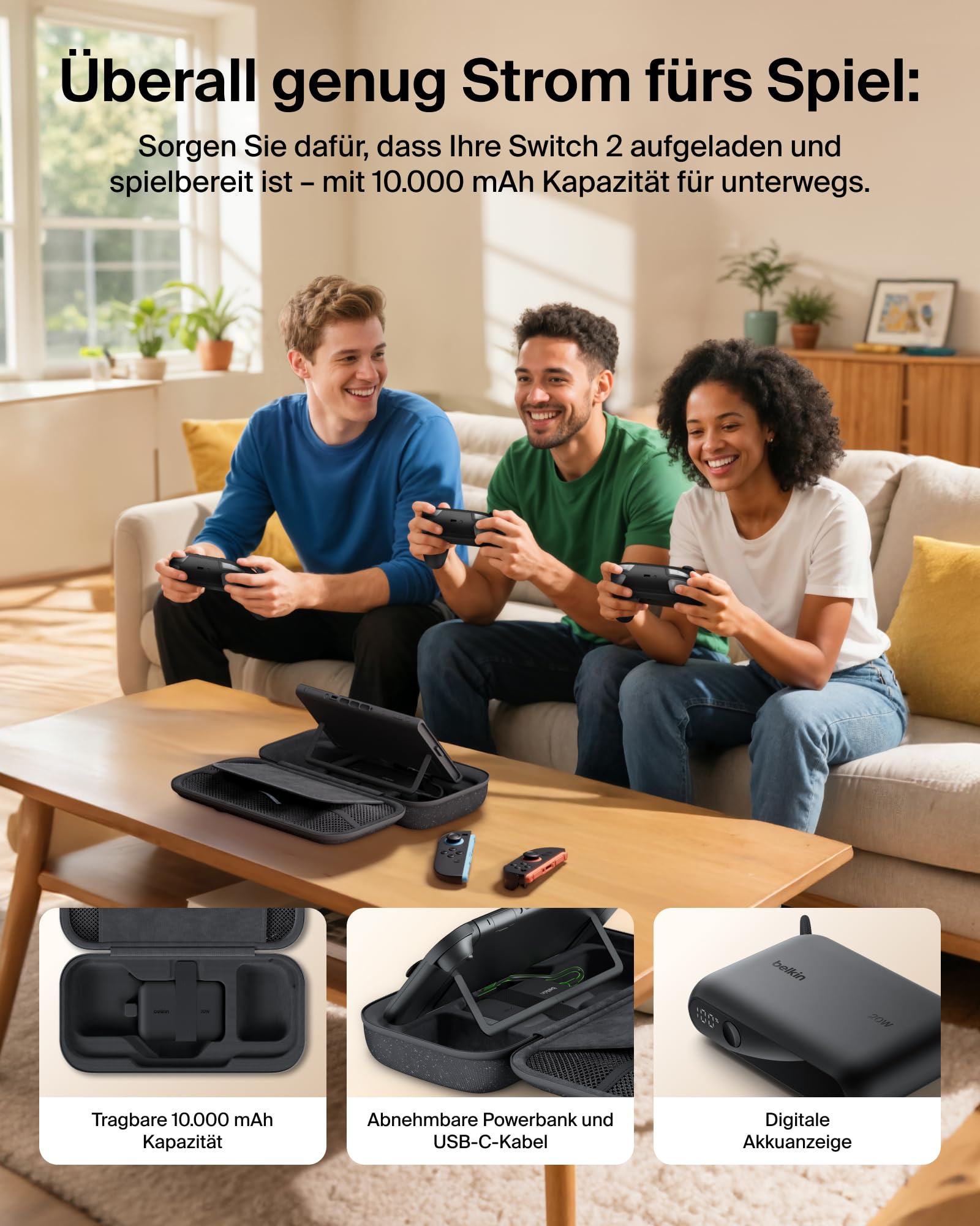 Belkin Nintendo Switch 2 Tasche mit 10.000 mAh Powerbank LCD-Anzeige 20 W Schnellladegerät AirTag Fächer Anthrazit