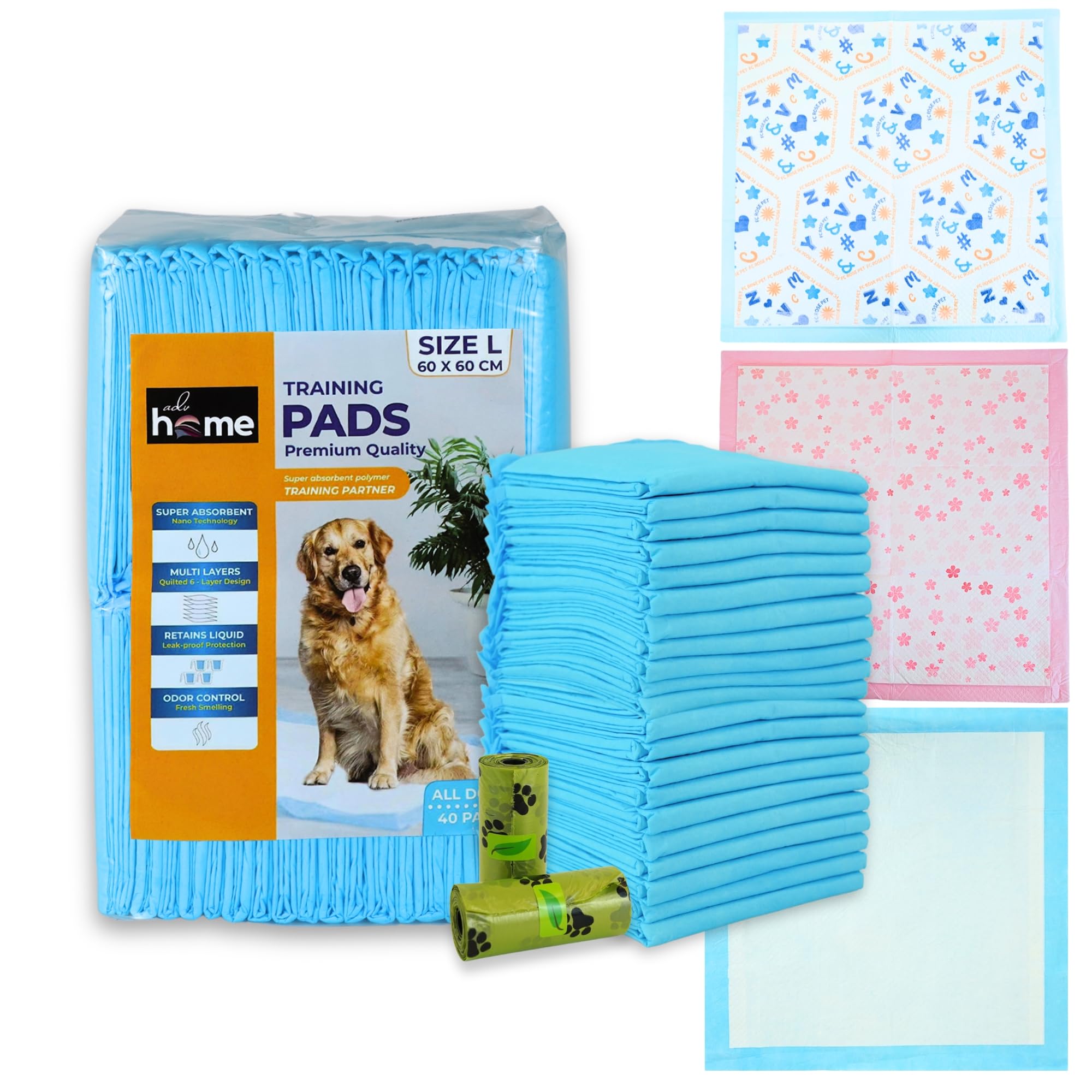 Empapadores Perros - Máxima Absorción (5 Capas) - Regalo 2 Rollos Bolsa de excrementos Biodegradable - 40 Unid. - Empapadores Perros 60x60 – Empapadores Bebe – Empapadores Cama Adultos
