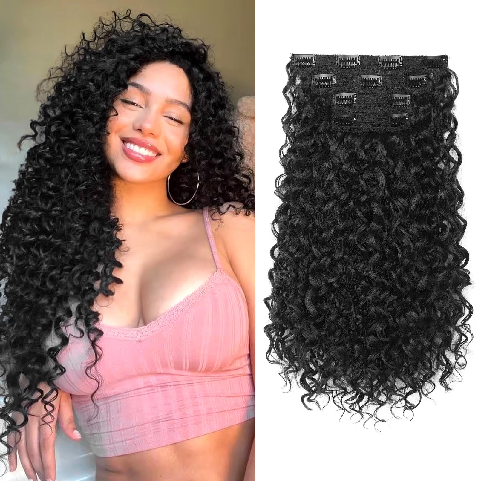 Photo 1 of Clip in Hair Extensions, FLUFYMOOZ 4PC 100? Pure Protein Silk Hair Extensions Long Soft Natural Hairpiece 16 Inch Curly Hair Extension for Women (Black)