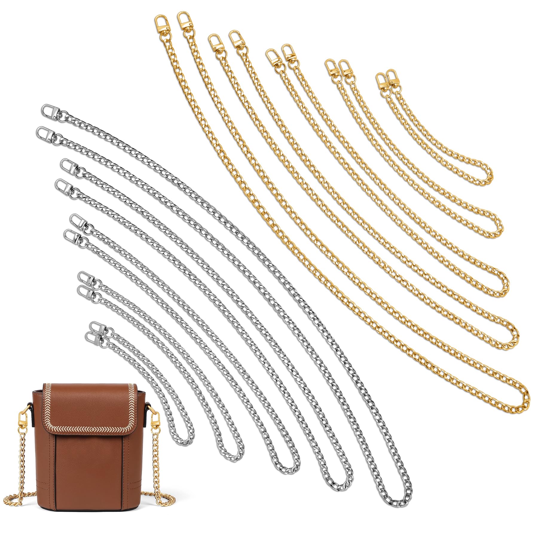 IUDWCG 2 Pcs Catena Borse in Metallo, Borsa Tracolla 120 cm, Tracolla di Ricambio per Borse, Cinturino per Borsette Con Affusolato Fibbie (Oro, Argento