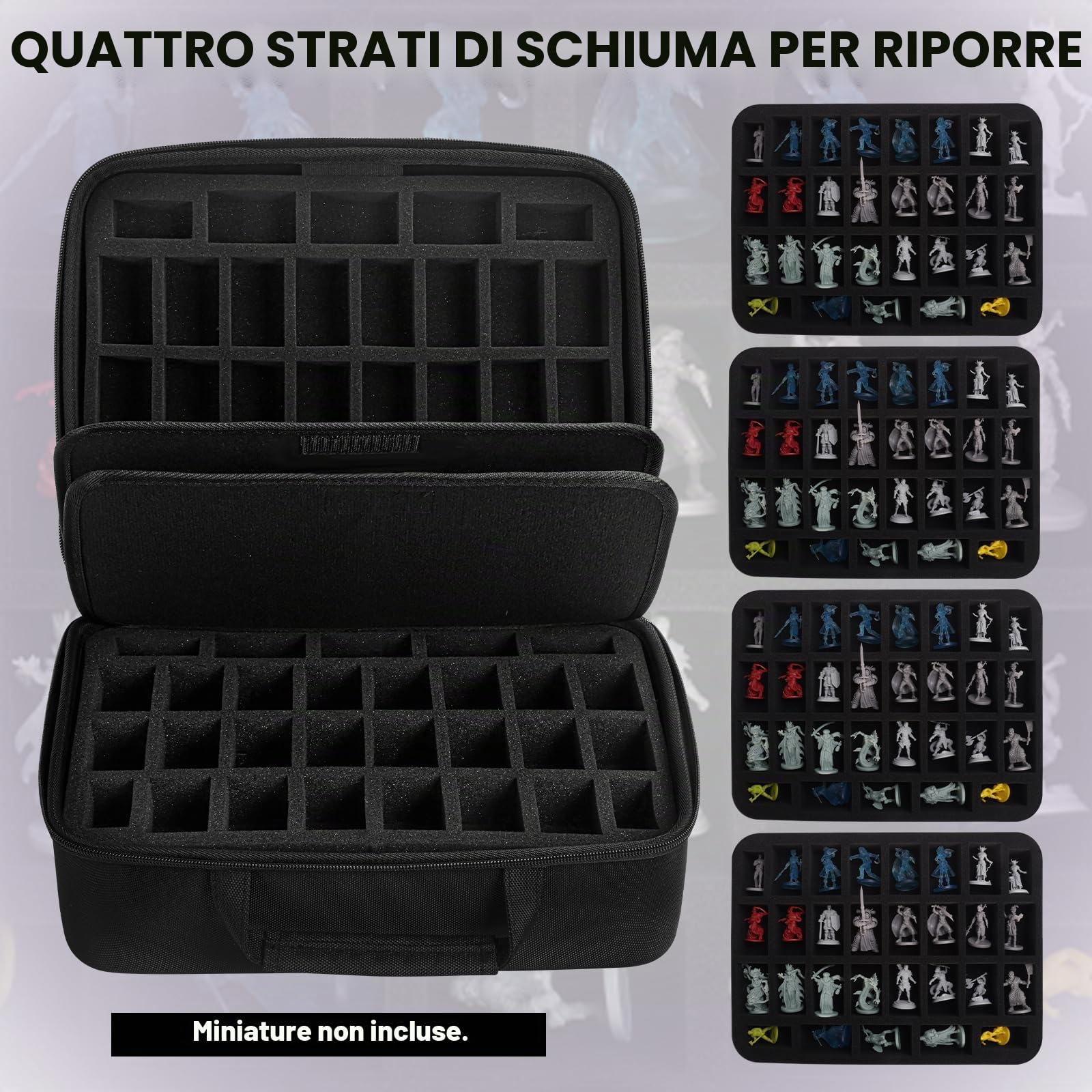 Miniature, scatola di trasporto con 116 slot per miniature con 4 strati di schiuma, scatola di trasporto per miniature RPG compatibile con Warhammer 40k e DND Minis, Nero