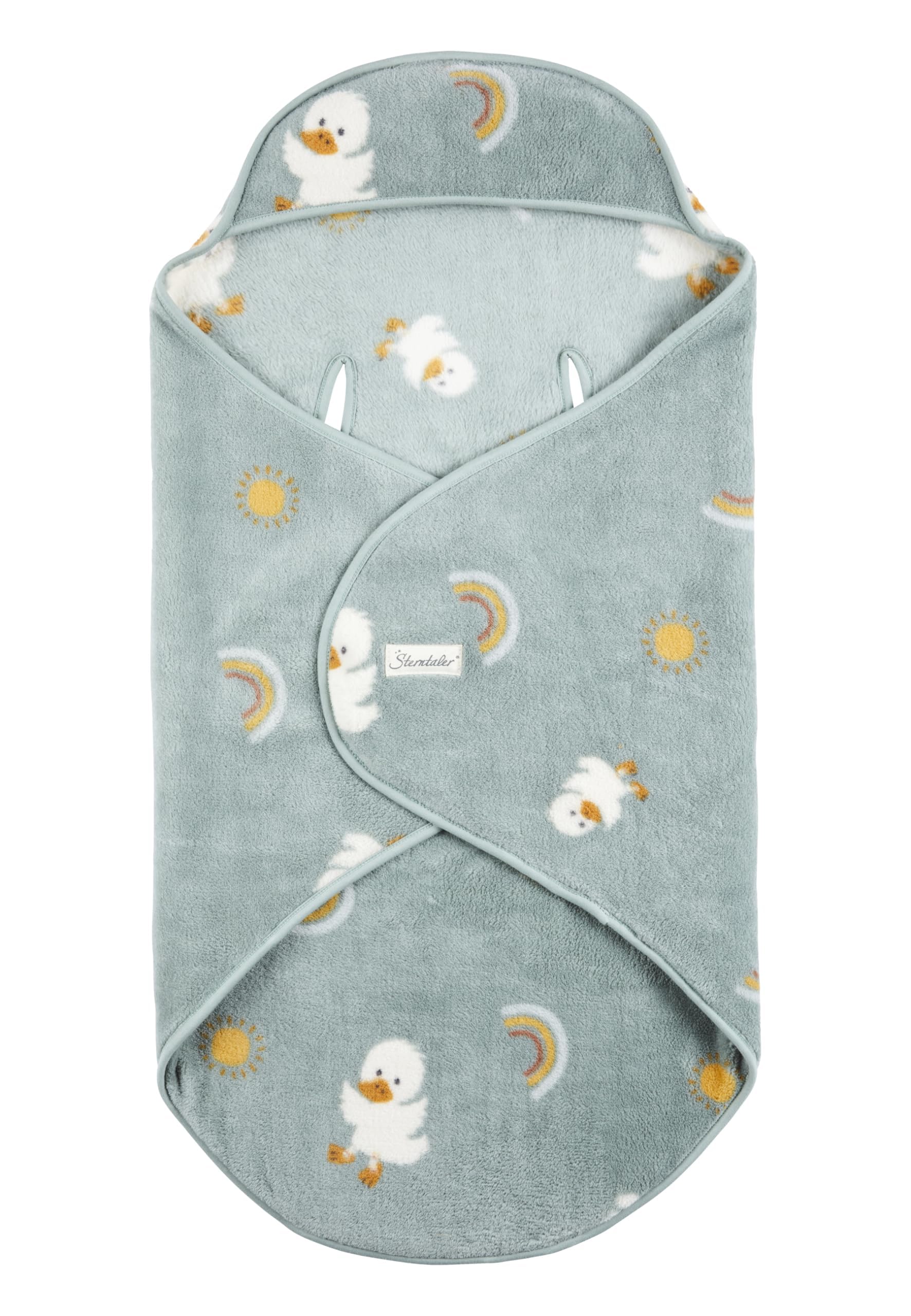 Sterntaler Einschlagdecke personalisiert Ente Edda Lou Ente, mit Namen Bestickt, steingrün, 75 x 90 cm, mit Kapuze und Gurtschlitzen für Babyschale Autositz Kinderwagen