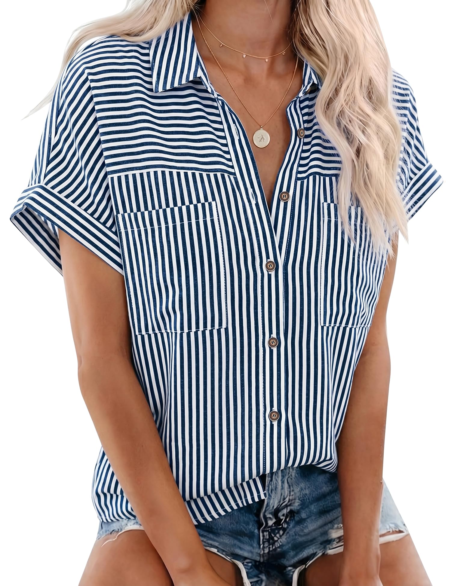 Rapbin Bluse Damen Kurzarm Hemdbluse Sommer V-Ausschnitt Knopfleiste Tasche | Lässiges Tunika Locker Blusenshirt Elegant Oberteile für Alltag Büro Freizeit
