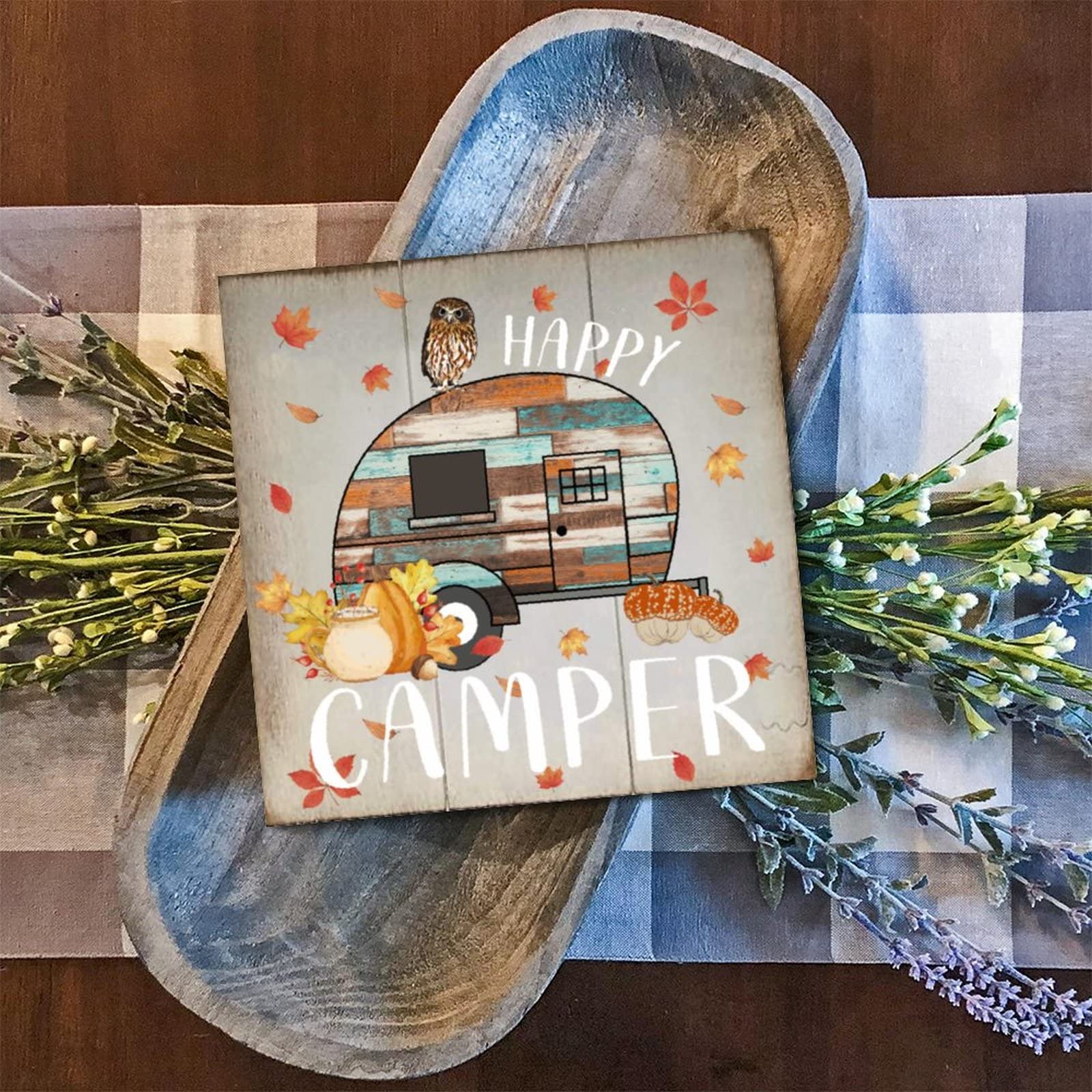 Panneau en bois Happy Camper au design raffiné de feuille d'érable pour mur
