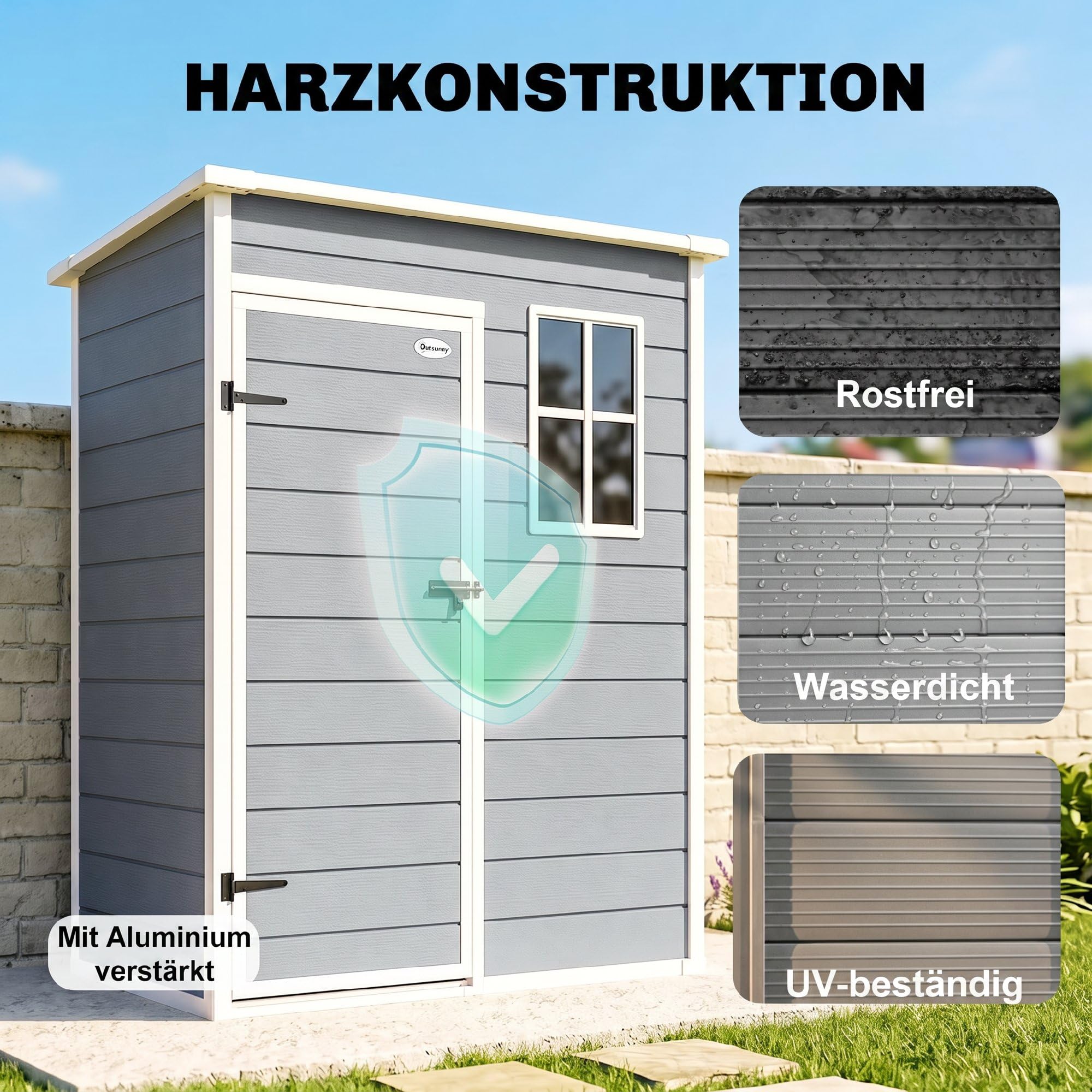 Outsunny Gerätehaus Kunststoff 1,14m² 151 x 92 x 193cm Geräteschuppen mit Pultdach Boden Fenster Abschließbarer Tür wetterfest Gartenhaus Outdoor Garten Schuppen für Hinterhof Grau | Mit Boden, Mit Fenster, Abschließbare Tür, Wetterfest, Geräteschuppen, G