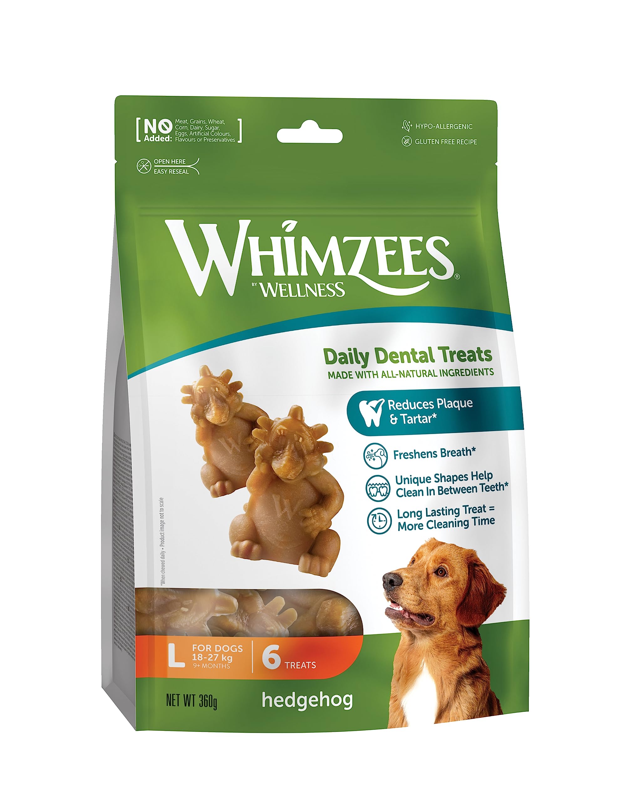 WHIMZEES Hérisson L, 6 Pièces – Taille L, Friandises pour Chiens de Grande Taille, Naturelles & sans Céréale, Végétariennes, sans Sucre Ajouté