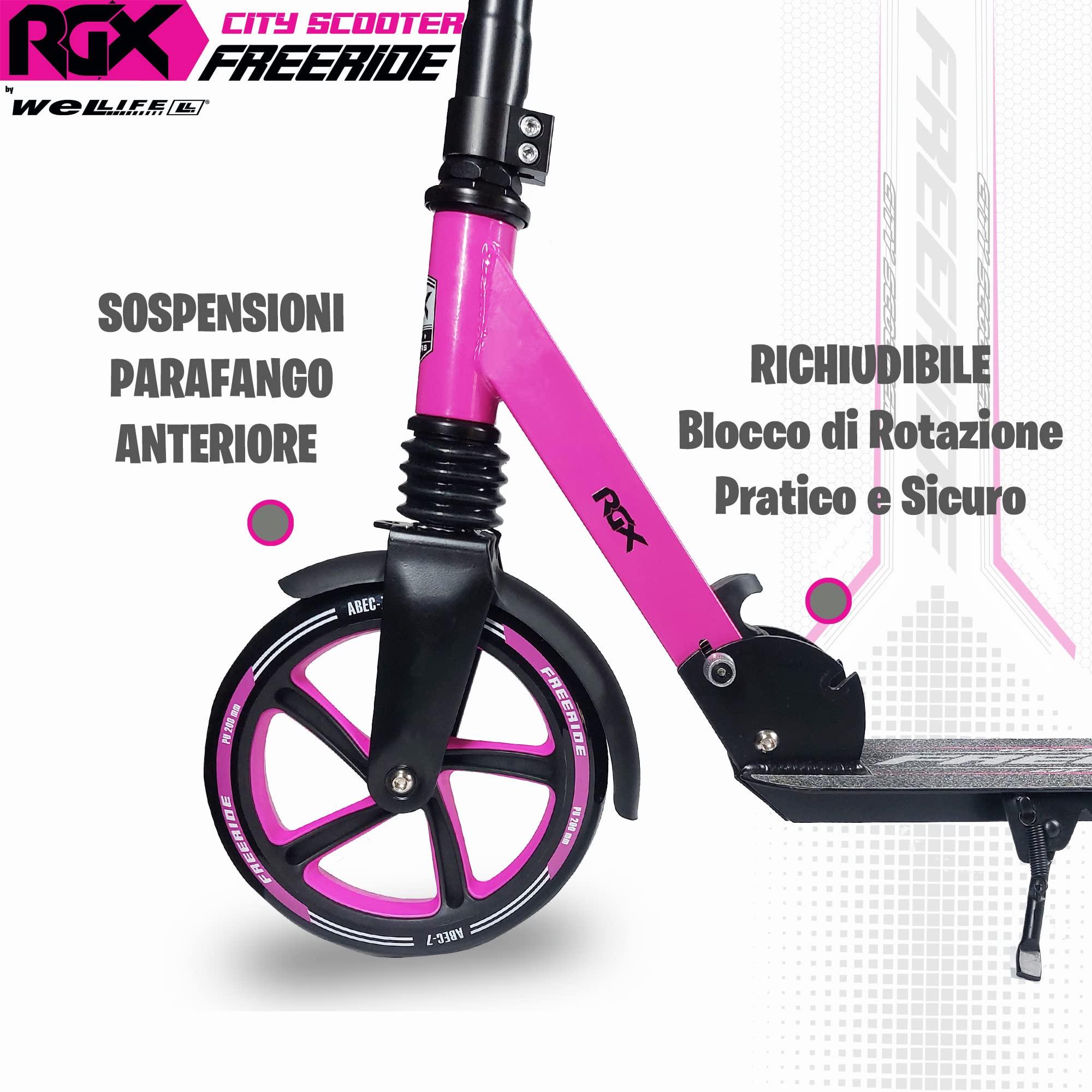 WeLLIFE Monopattini Freeride RGX - Monopattino Ruote Grandi 200mm con Sospensione Anteriore, Monopattino a Spinta per Adulti e Bambini, City Scooter Pieghevole