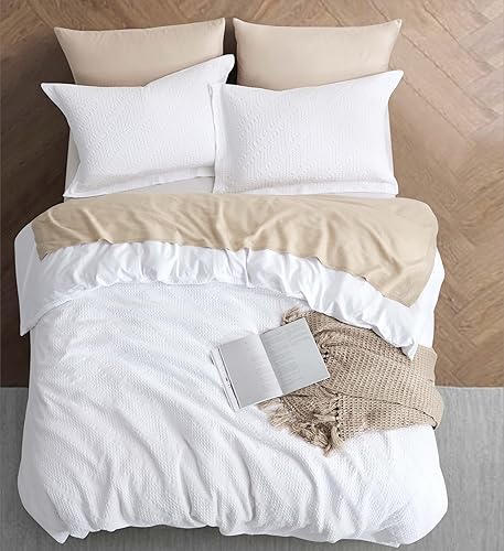 Miniatura 2 de Bedanu Juego de funda de edredón tamaño Queen, funda de edredón 100% algodón, 3 piezas, color blanco roto, juego de ropa de cama suave de lujo, 1