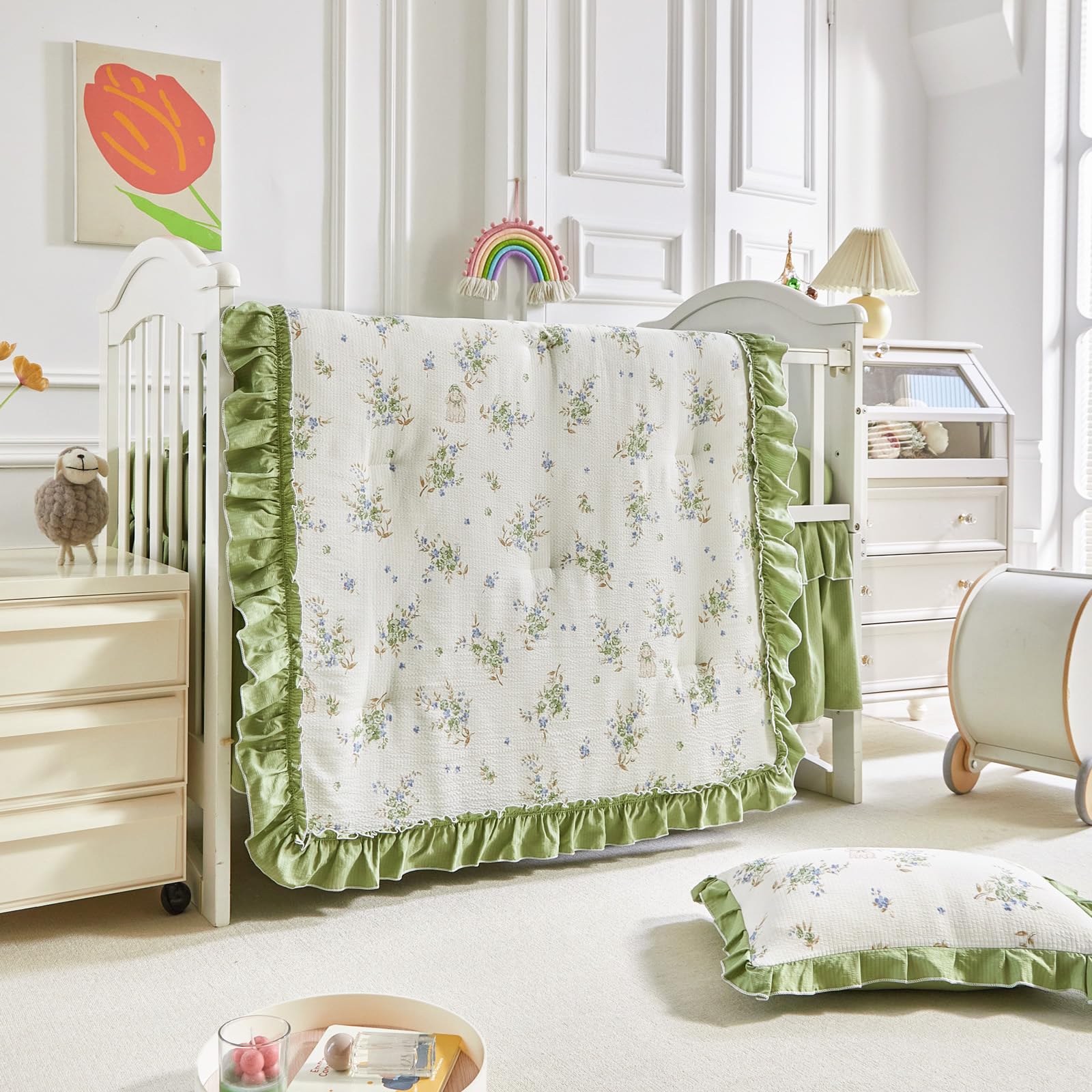 AIKASY Juego de ropa de cama para cuna con volantes y estilo desgastado para niñas, edredón acolchado para bebé, sábana bajera, falda de cama y funda de almohada