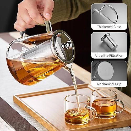 Miniatura 3 de Tetera de vidrio de 18.6 fl oz, tetera de vidrio de borosilicato con infusor de acero inoxidable desmontable, hervidor de té transparente para té de