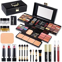 Kit de maquiagem profissional para mulheres, kit completo com espelho, 58 cores, tudo em um, conjunto de maquiagem para meninas, sombra, pó compacto, blush, batom, lápis de sobrancelha, gel Gitter