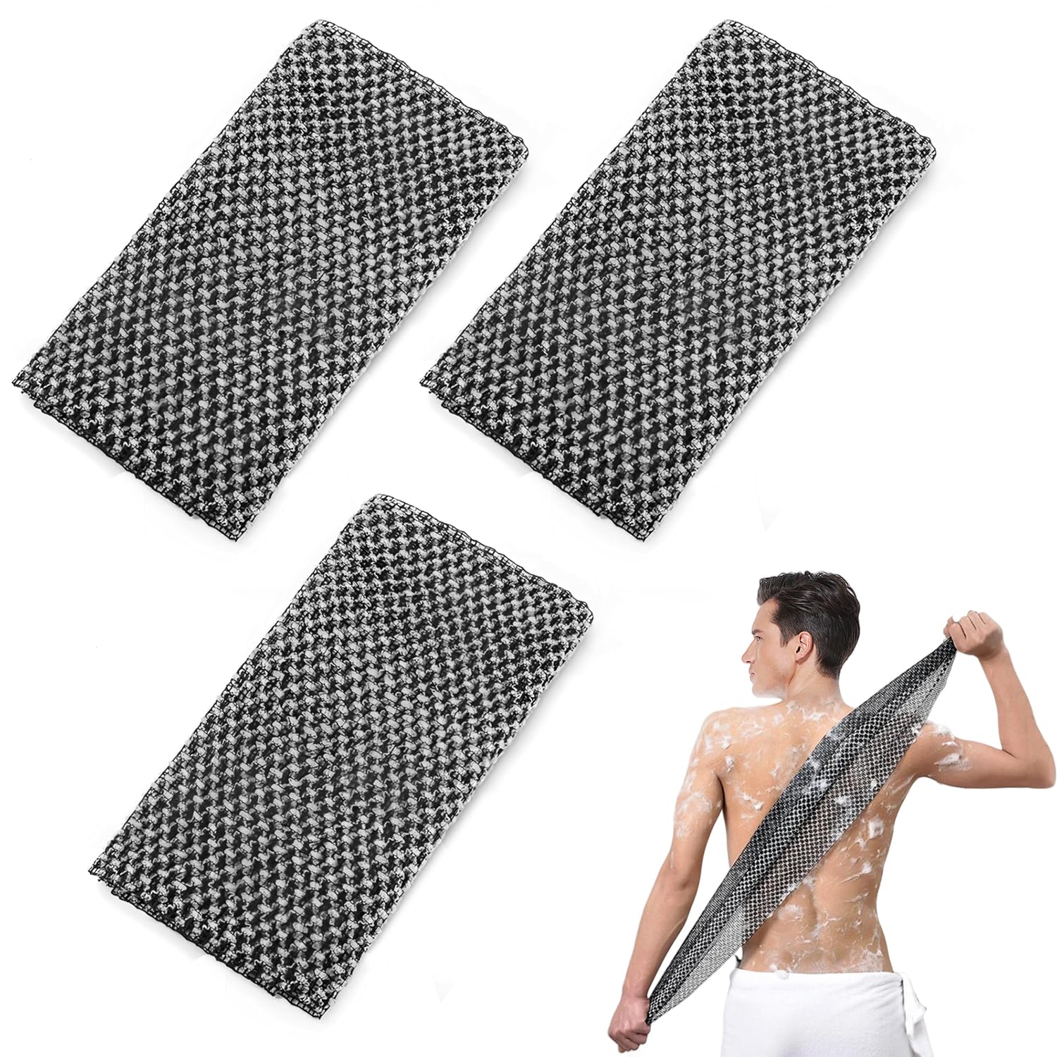 Lot de 3 Serviettes Exfoliantes, Serviette de Douche Antibactérienne Longue, Gommage du Corps pour Homme et Femme, Élimination des Peaux Mortes, Noir