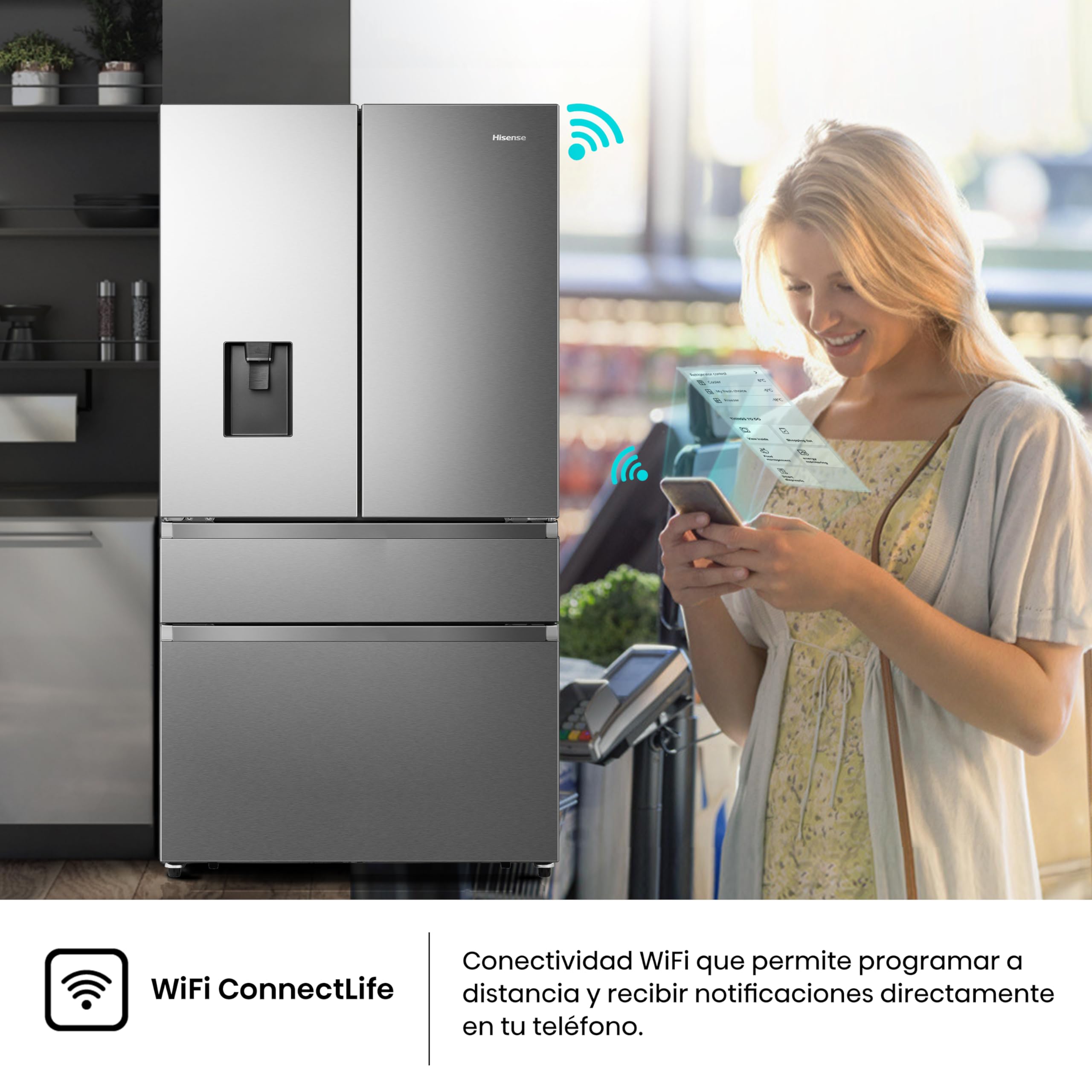 Hisense RF749N4SWSE - Frigorífico Americano,Conectividad Wifi No Frost, Inox Puerta Cajón Frances, Total No Frost, Capacidad Neta 579 L, 1.78 m,Silencioso