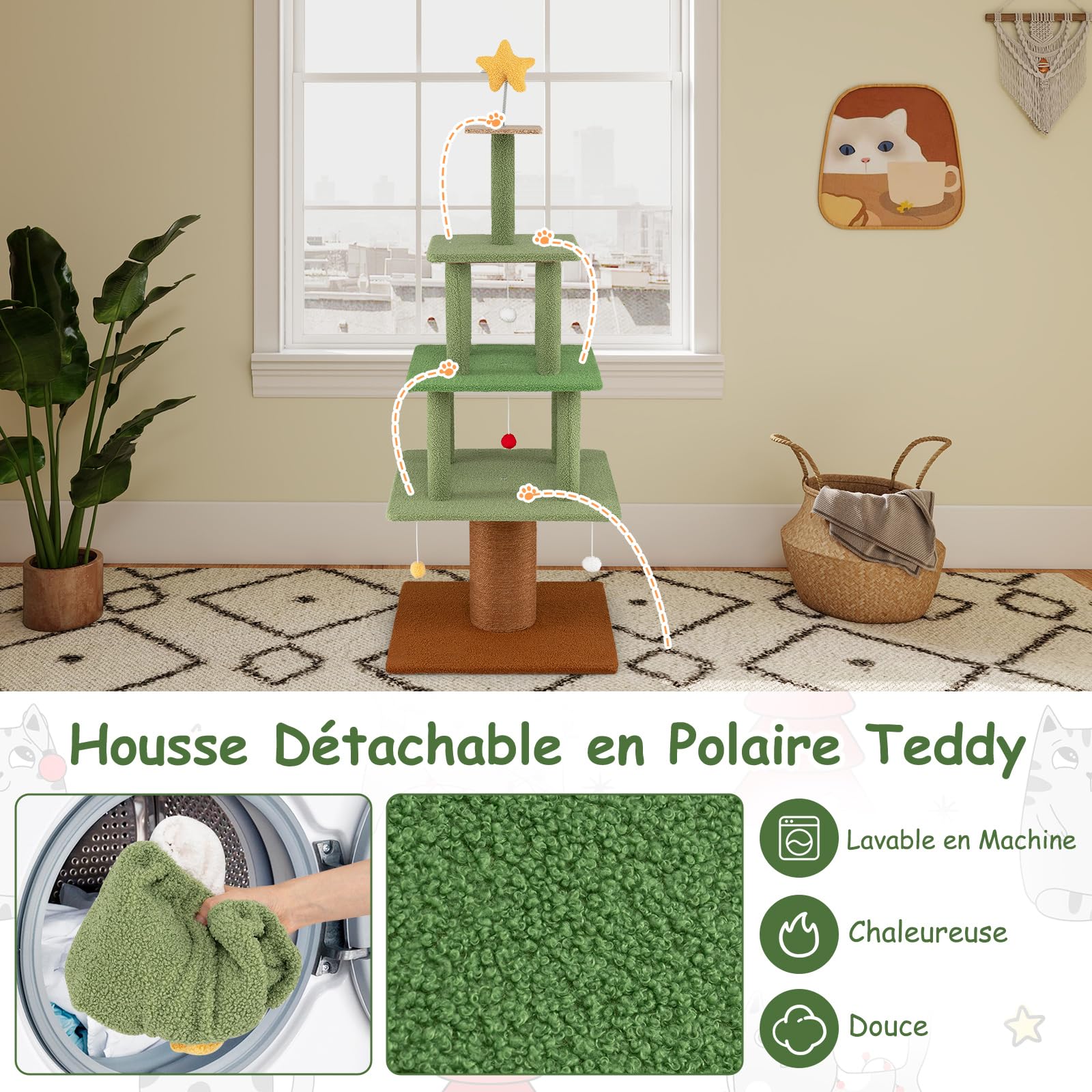 GOPLUS Arbre a Chat Sapin de Noel, Hauteur 162CM, Arbre à Chat XXL avec Poteau à Griffer Grand, Condo à 3 Niveaux, Décoration Forme Étoile Noel, Base Large, Housse Détachable Lavable, pour Intérieur