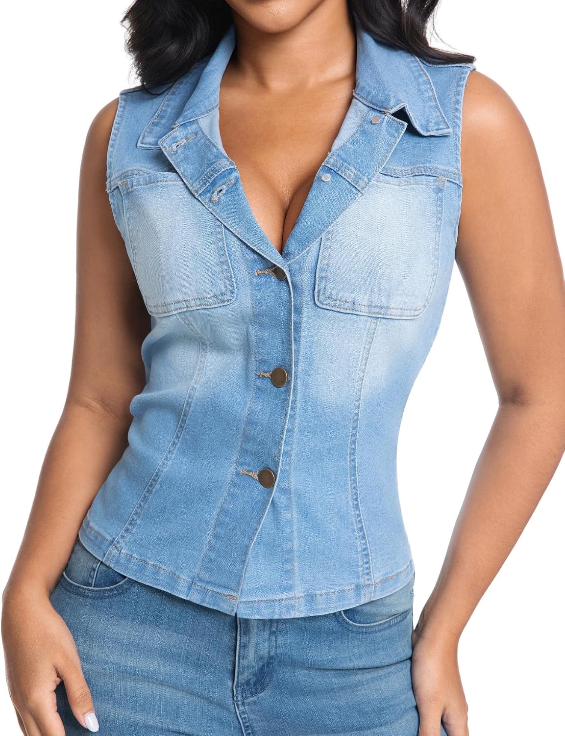 Womens Denim Vest Classic Lapel Button Down Sleeveless Slim Fitted Stretchy Jean Jacket with Pockets - Image 4