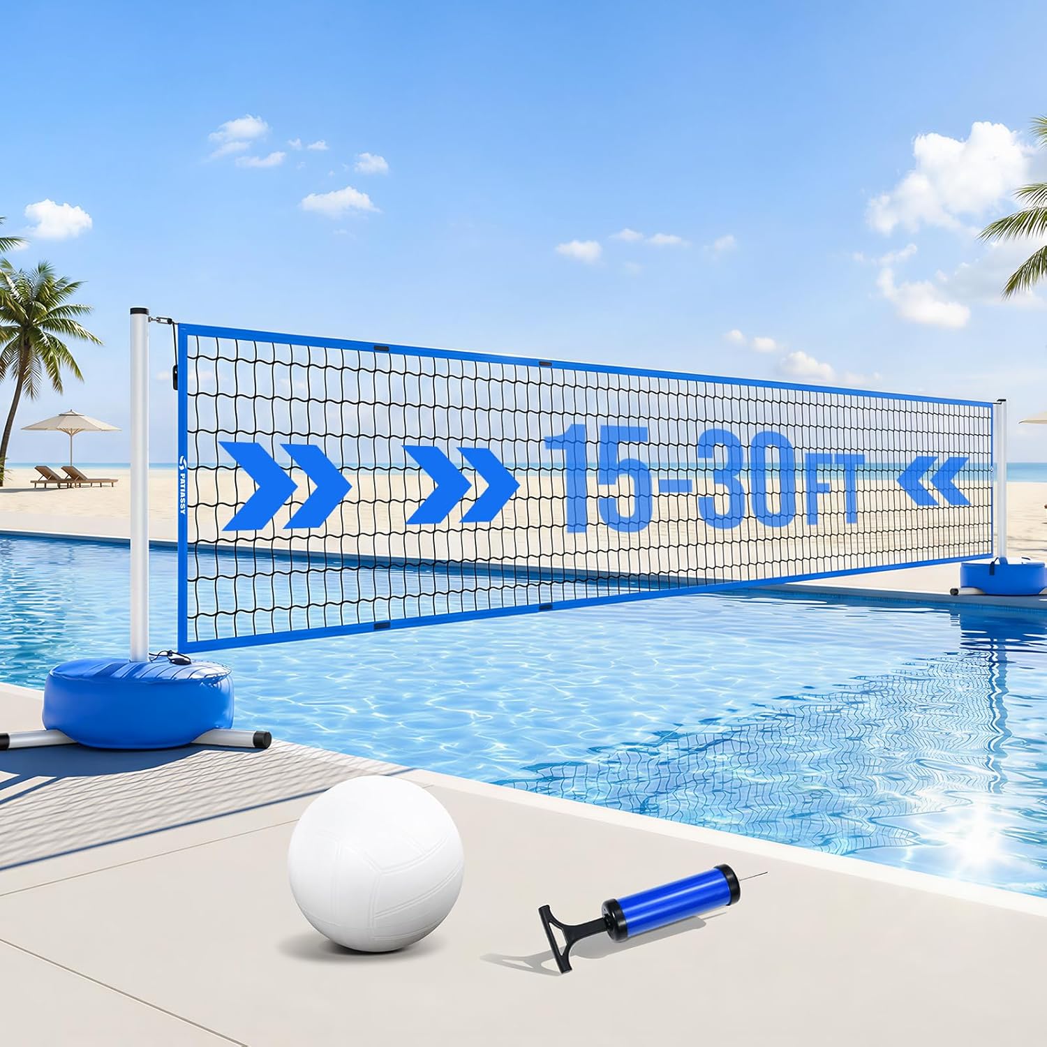 Pool Volleyball Net Set for Inground Pools, 15-30FT Adjustable Full-Coverage Net (No Gap Design), Pool Games for Adults and Family, Poolside Volleyball Nets with Ball, Pump, Weighted Base