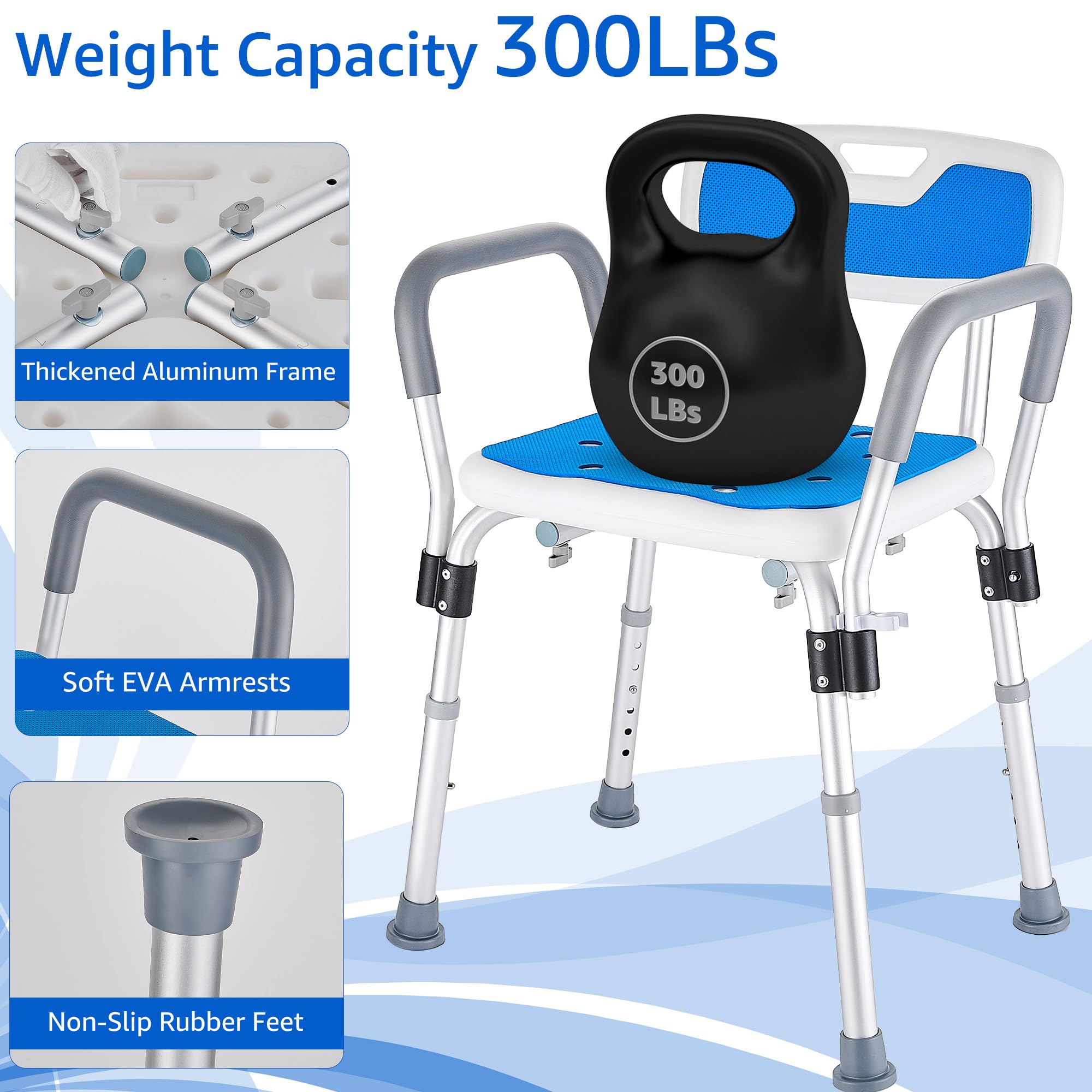 Sedia per Doccia per Anziani e Disabili, Sgabello Doccia con Braccioli e Schienale Rimovibile, Sedile per Vasca da Bagno Antiscivolo Regolabile in Altezza, portata fino a 150 Kg, Blu