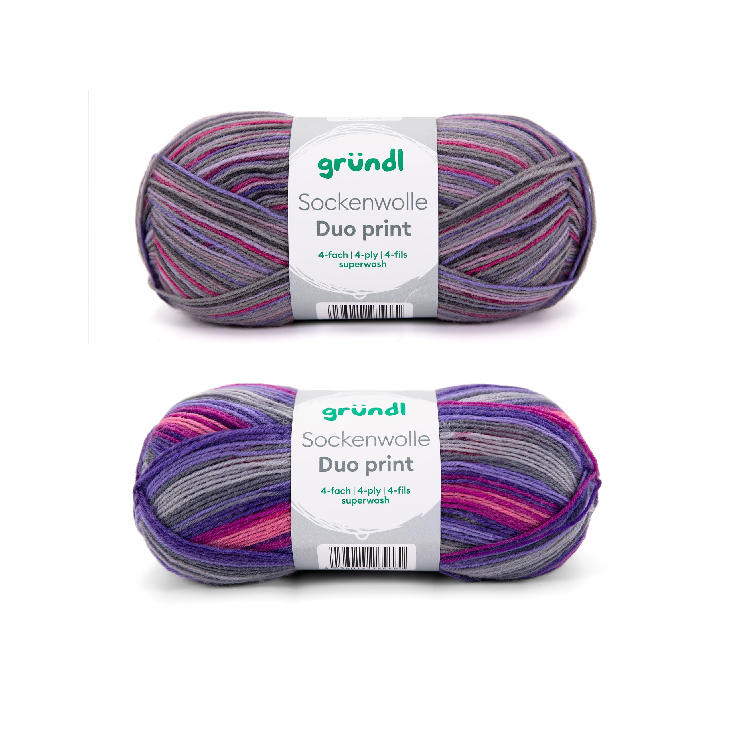 Gründl Wolle Sockenwolle Duo - Strickgarn für 2 Paar Socken - Strapazierfähig und hautfreundlich - 75% Schurwolle, 25% Polyamid - 2 Knäuel 100 g / 420 m - Nadelstärke 2,5-3 - violett-lila