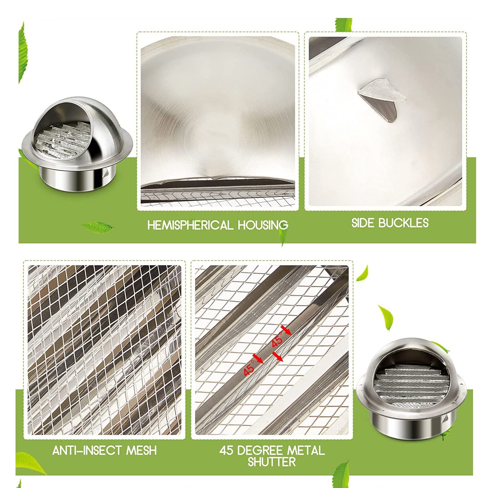 Cappuccio A Griglia Di Ventilazione Esterno, Copertura Di Ventilazione Per Sfiato A Parete, Protezione Dalle Intemperie, Griglie Aerazione Con Rete AntisInsetti E 45° Lamelle, Con Zanzariera